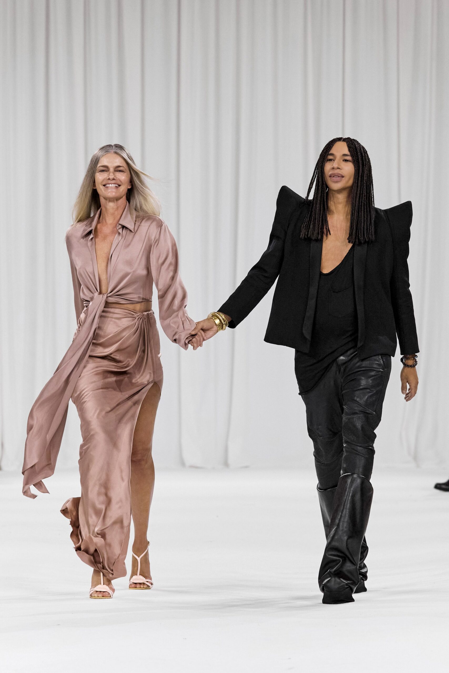 pink silk midi dress and black jacket