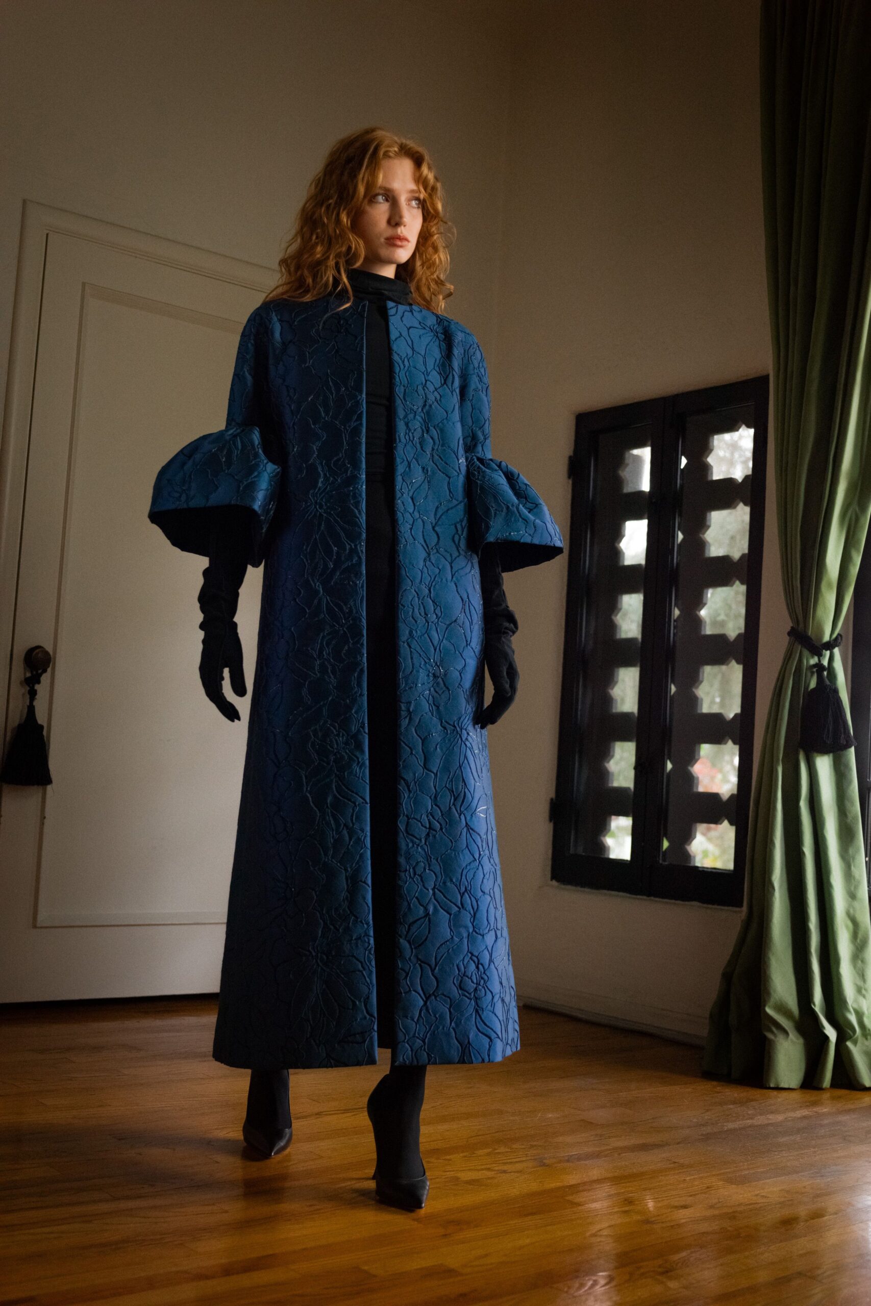 blue long-sleeve collared fitted textured maxi coat
