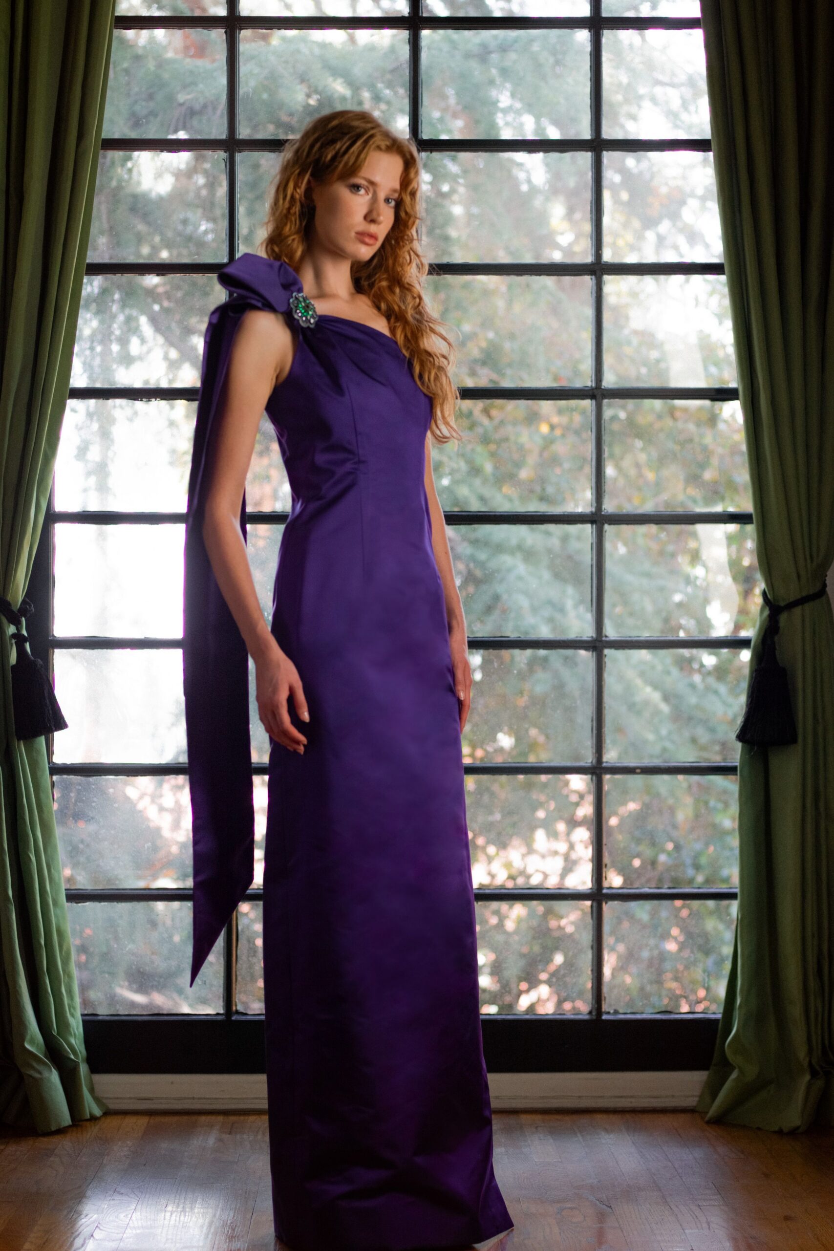 fitted purple silk gown
