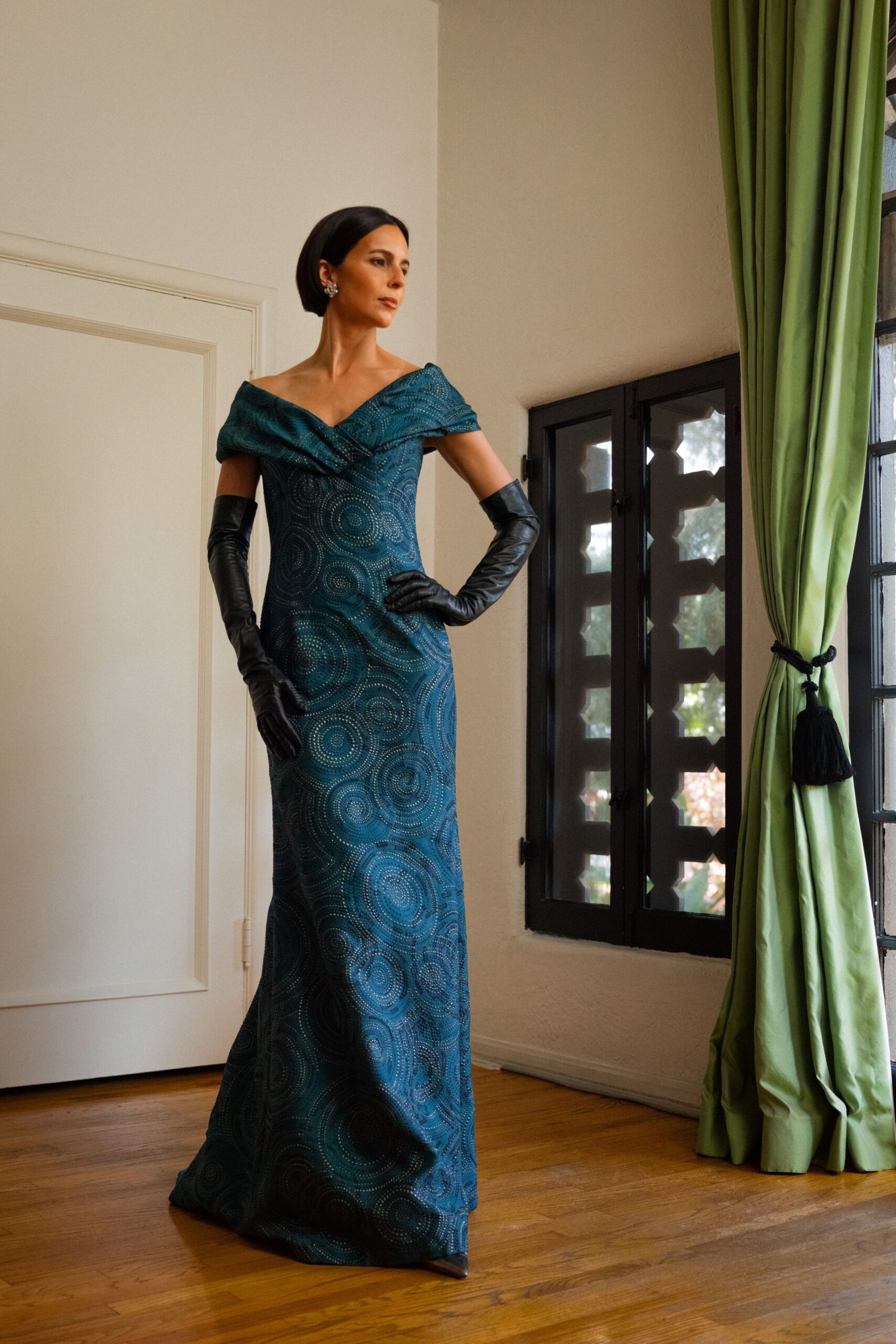 blue silk off-shoulder fitted embroidered maxi gown
