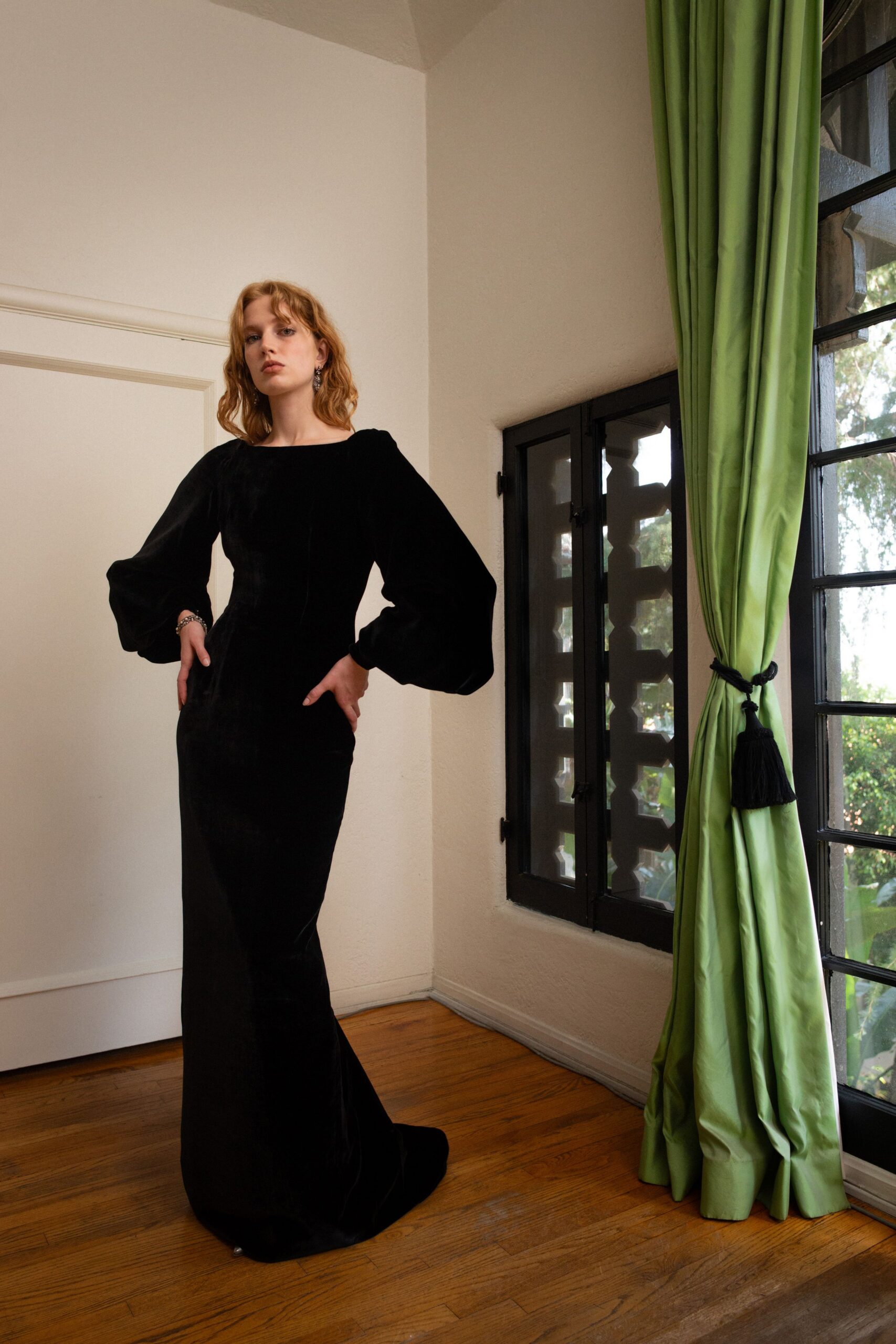 black velvet long-sleeve gown