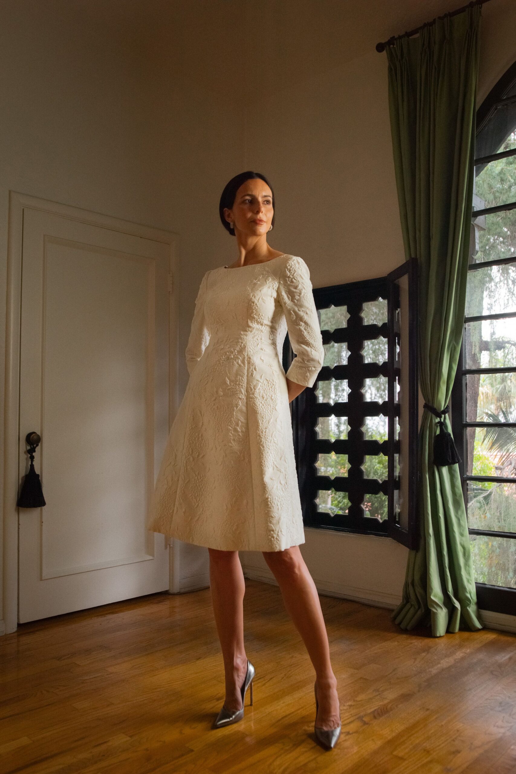 ivory lace long-sleeve square-neck fitted embroidered a-line dress