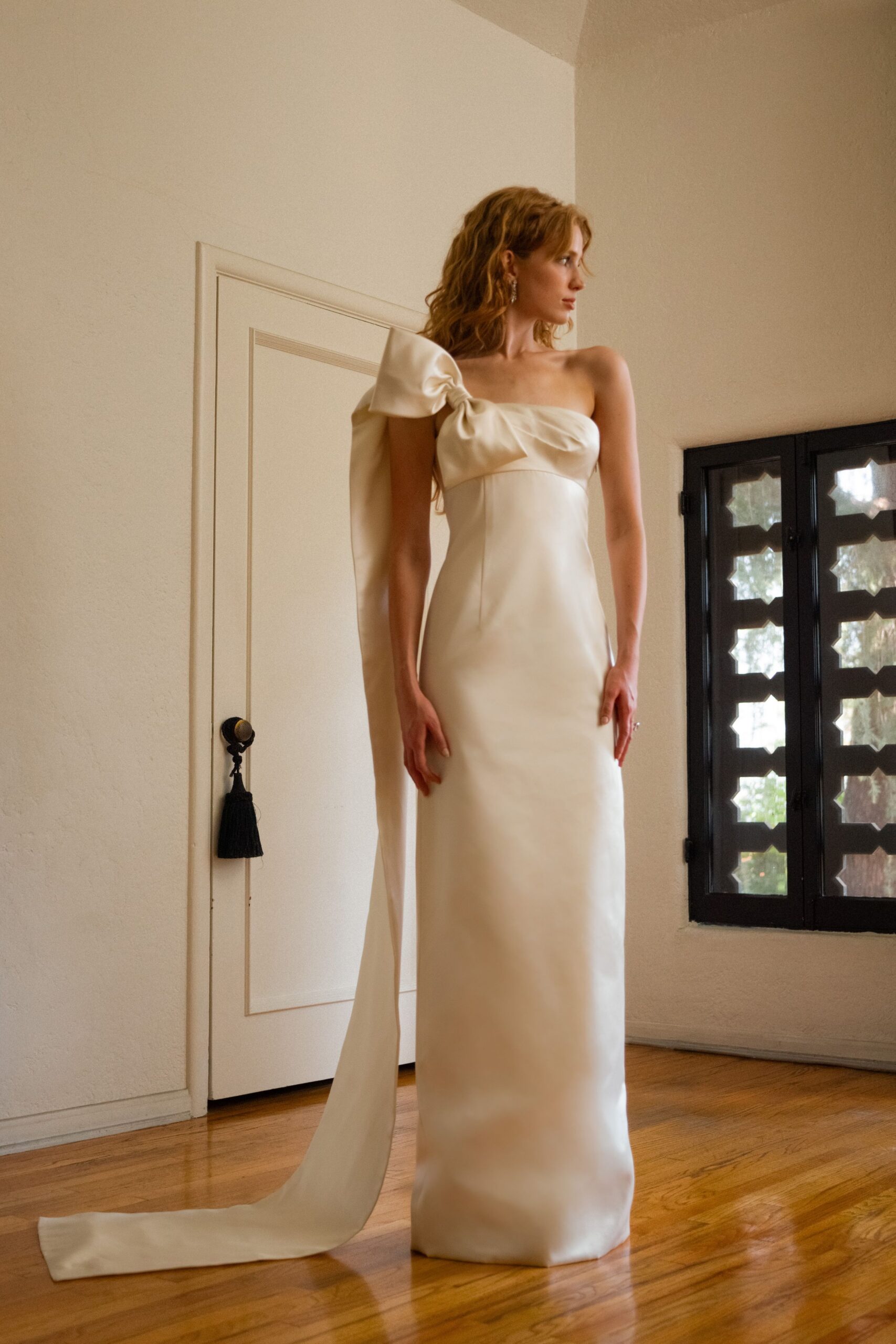 ivory satin off-shoulder gown