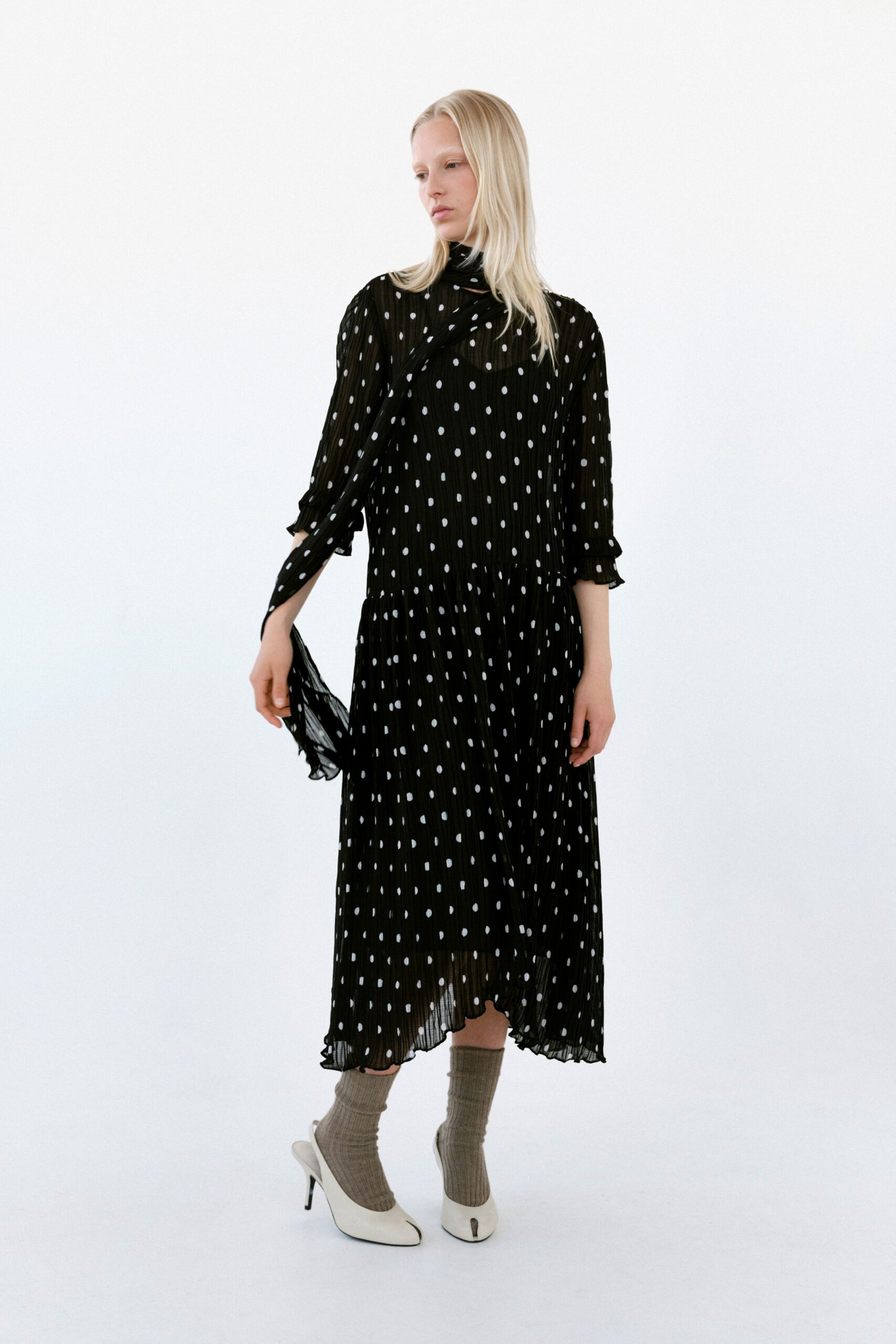 black chiffon long-sleeve collared relaxed pleated polka-dot dress