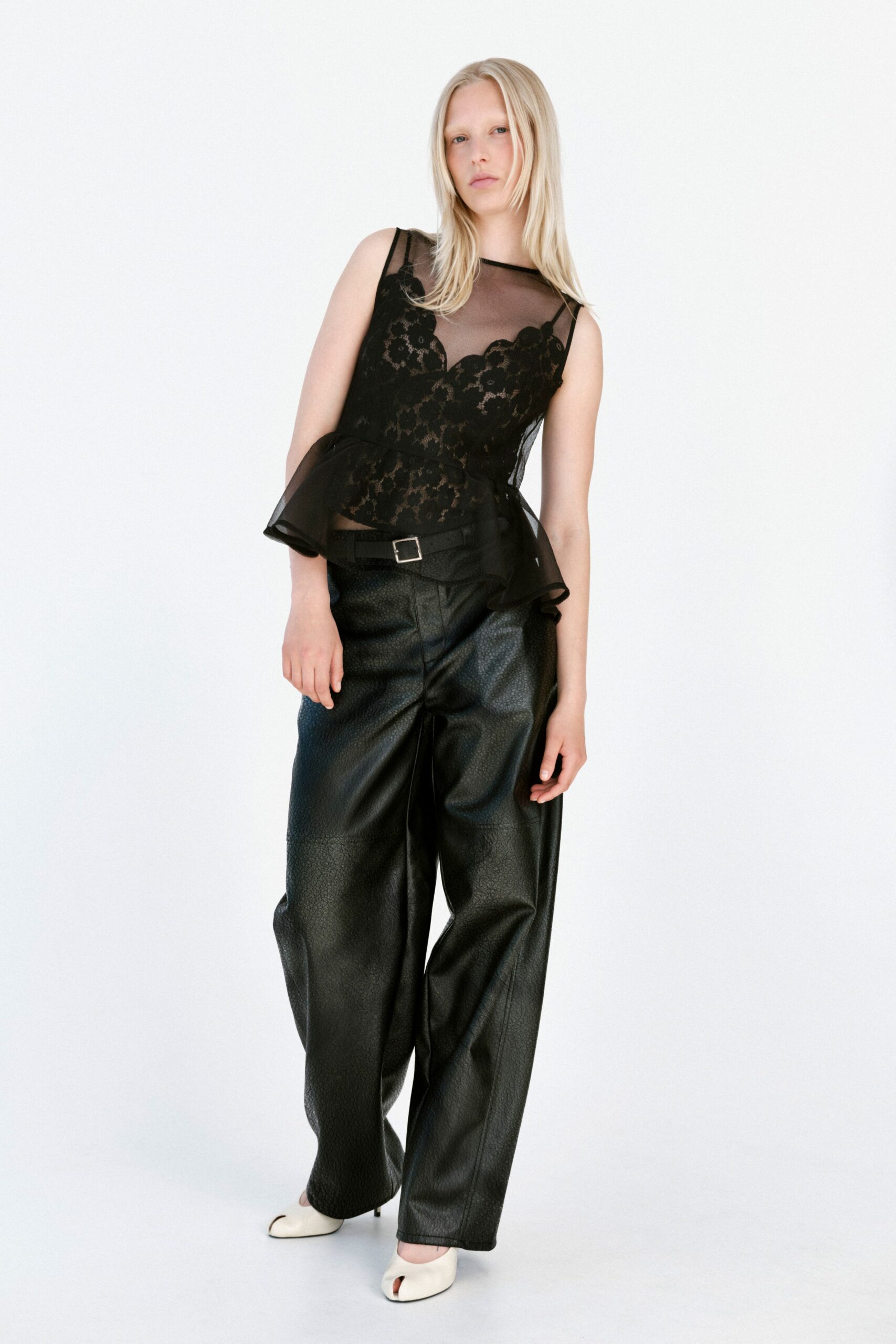 black silk sleeveless v-neck fitted ruffled embroidered top