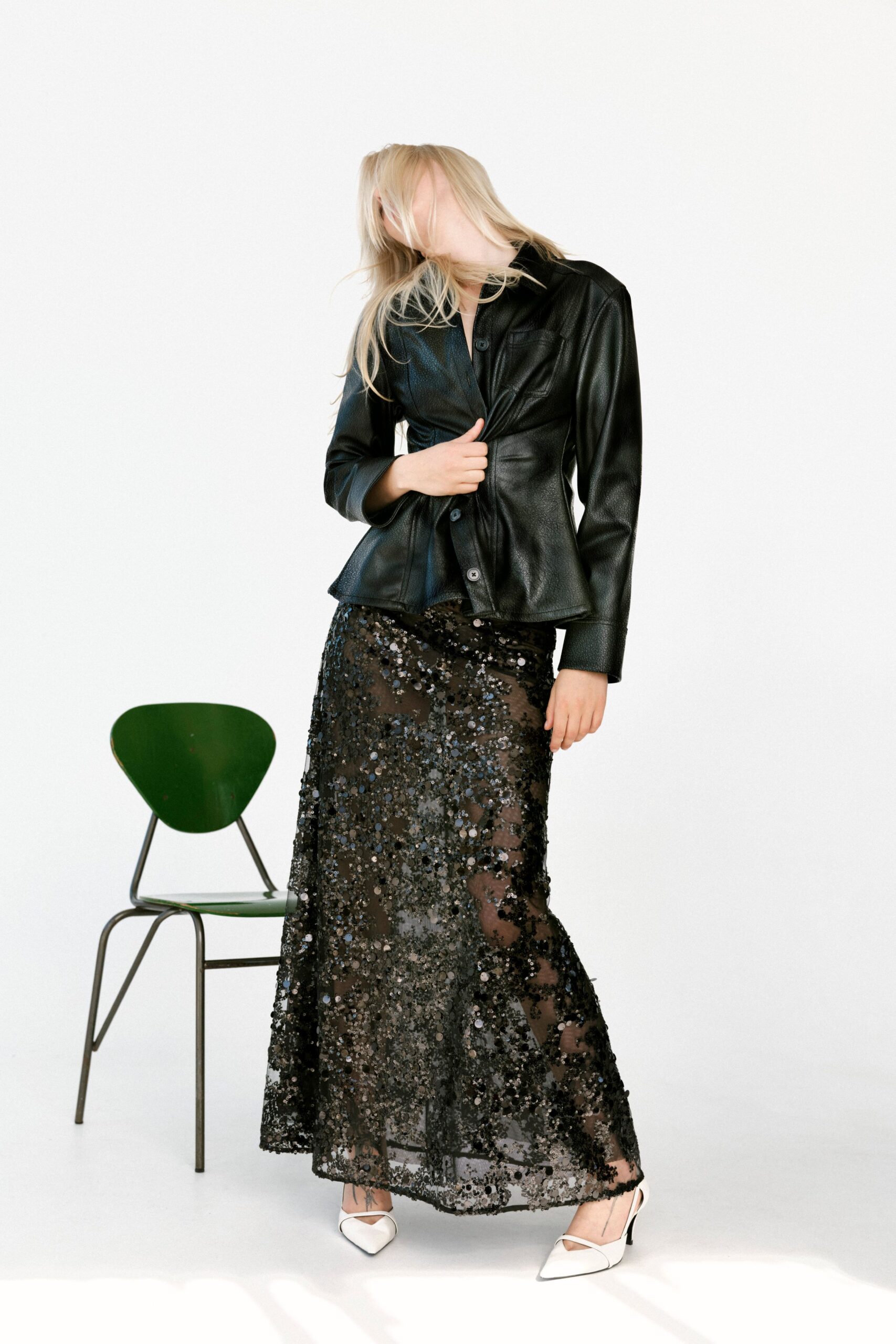 black silk long-sleeve fitted sequined tiered sheer skirt