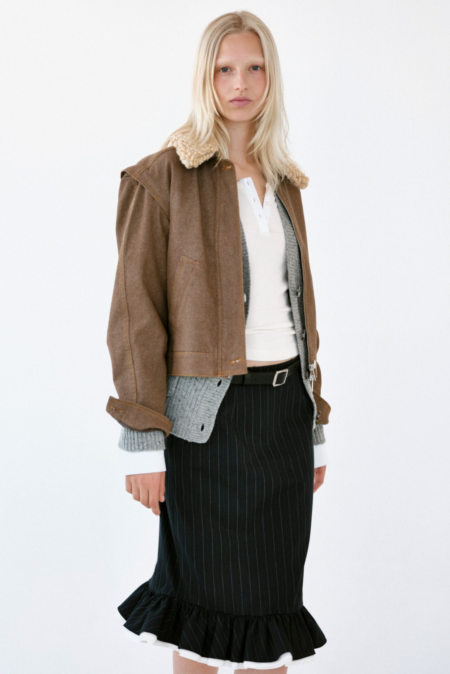 brown wool long-sleeve collared relaxed zippered jacket