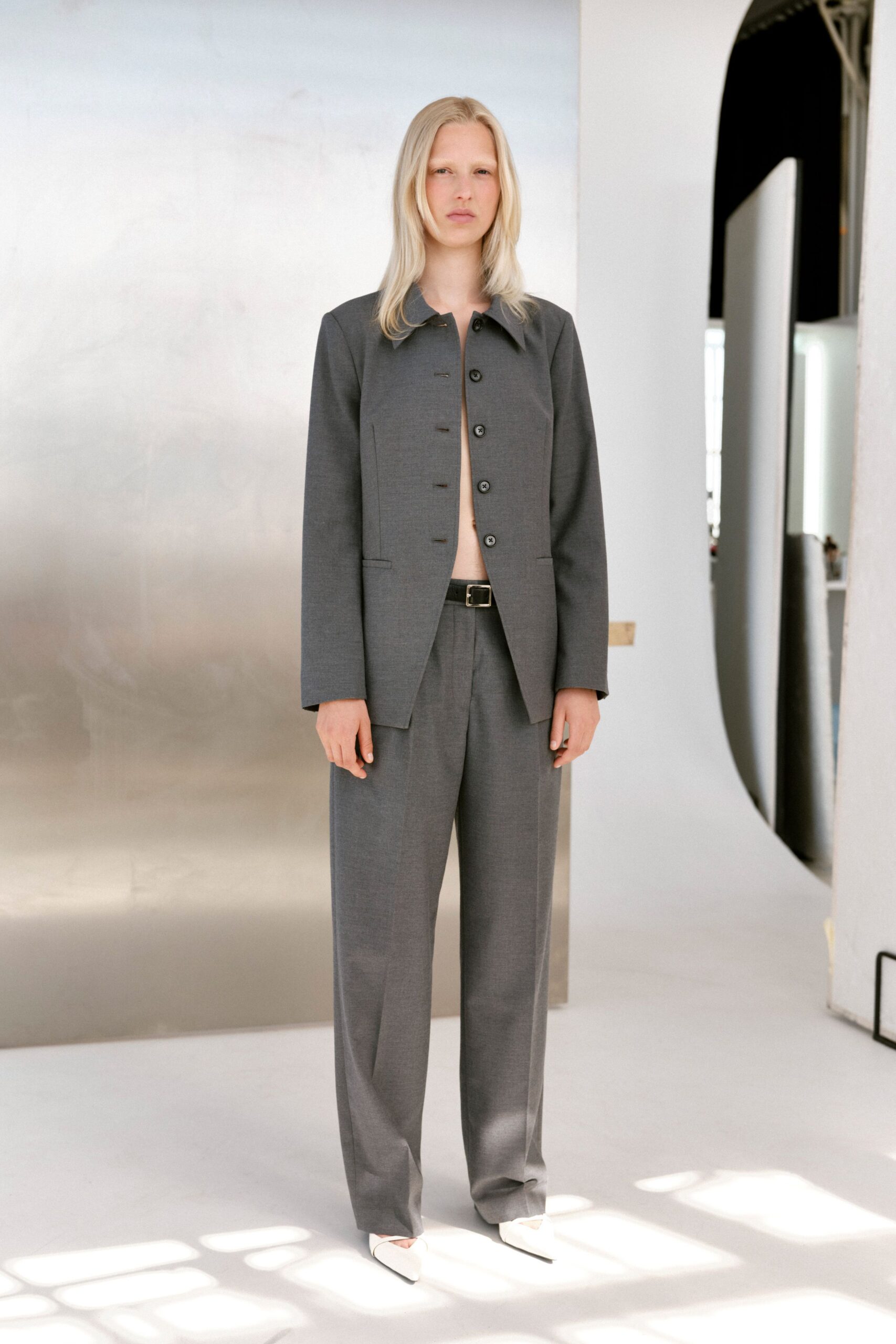 gray wool tailored straight-leg pants