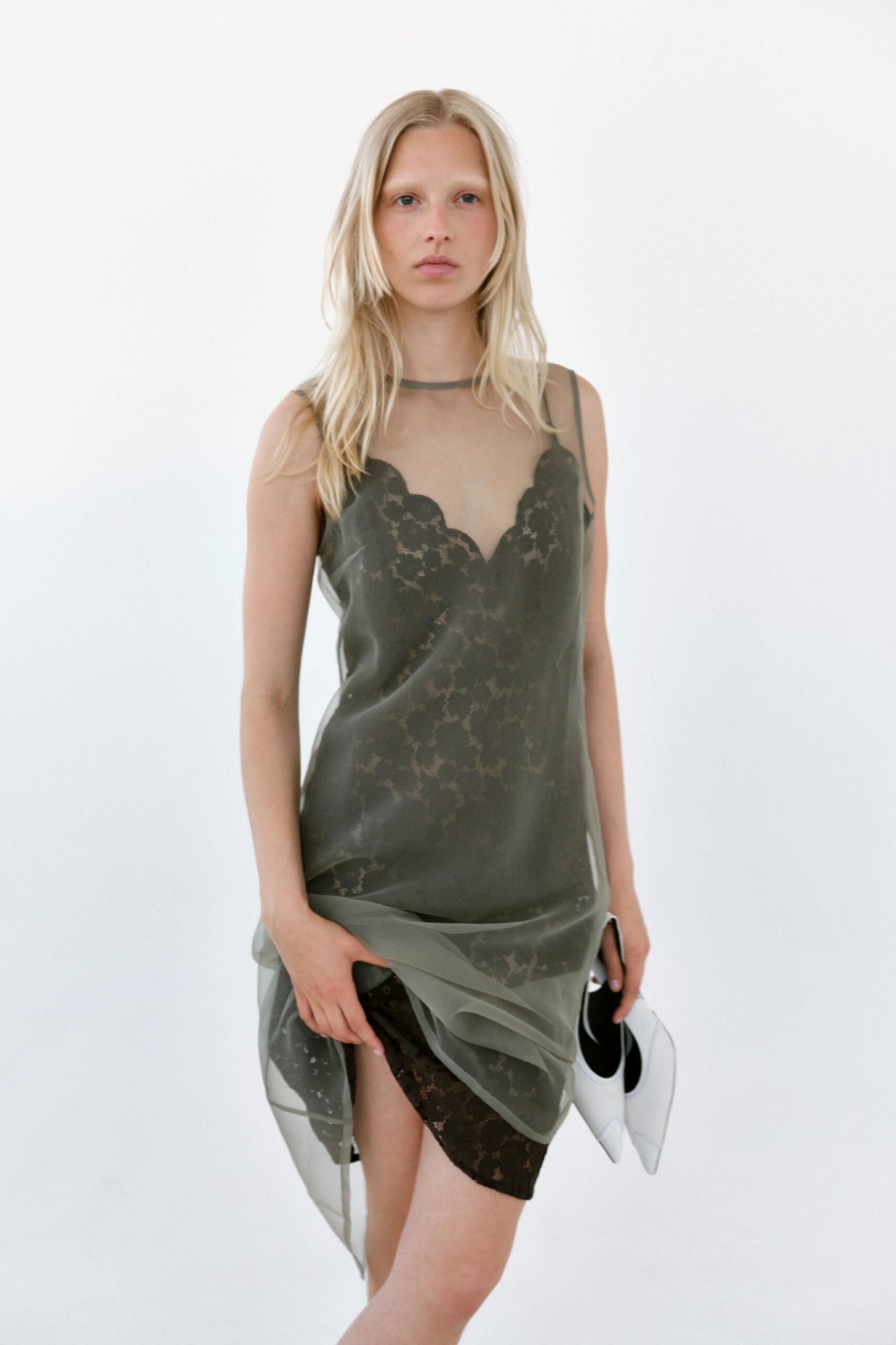 green silk sleeveless v-neck fitted layered dress