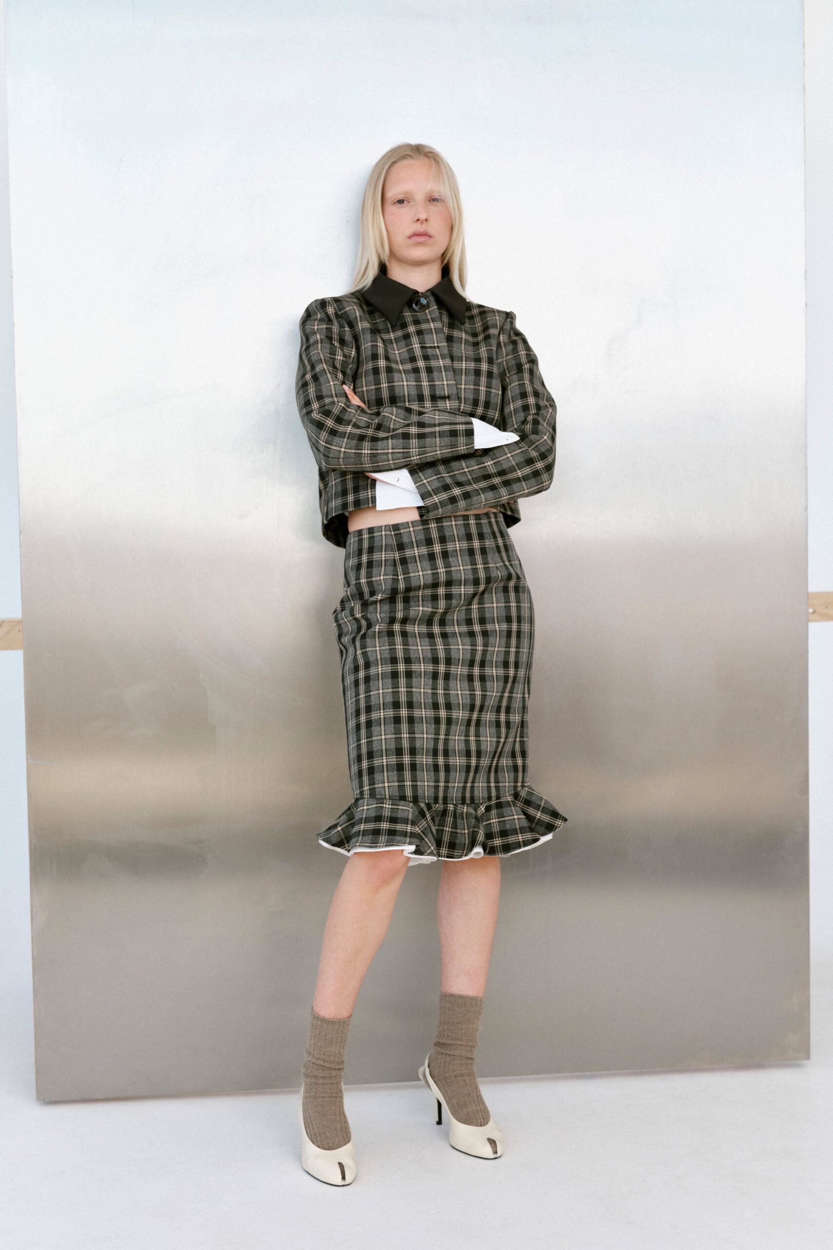 green cotton fitted checked fringed midi skirt