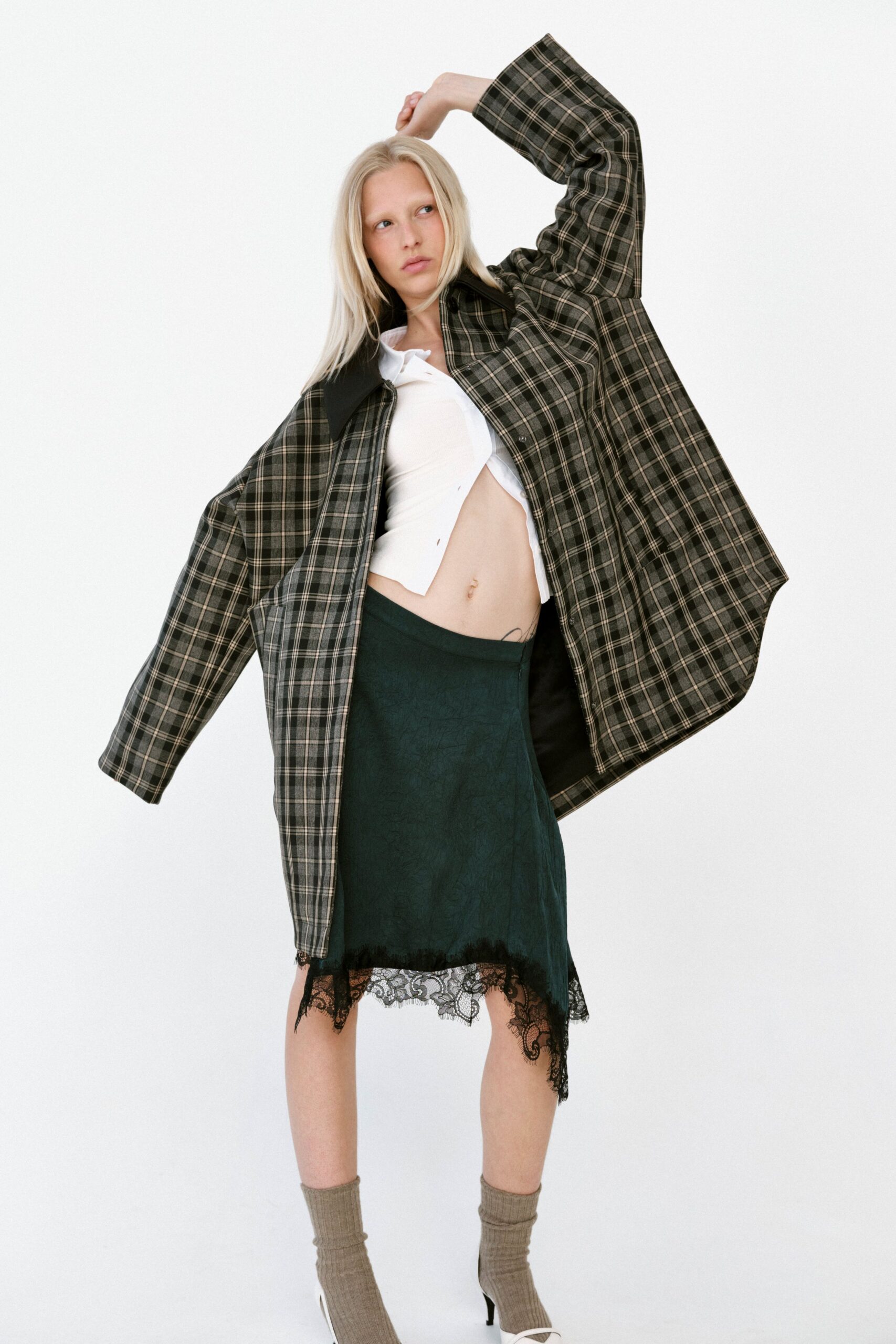 green cotton slit fitted layered skirt