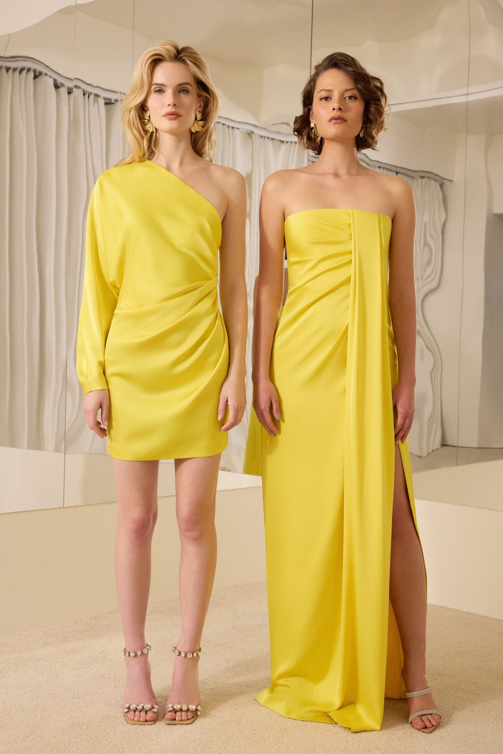 yellow silk strapless slit fitted draped maxi gown