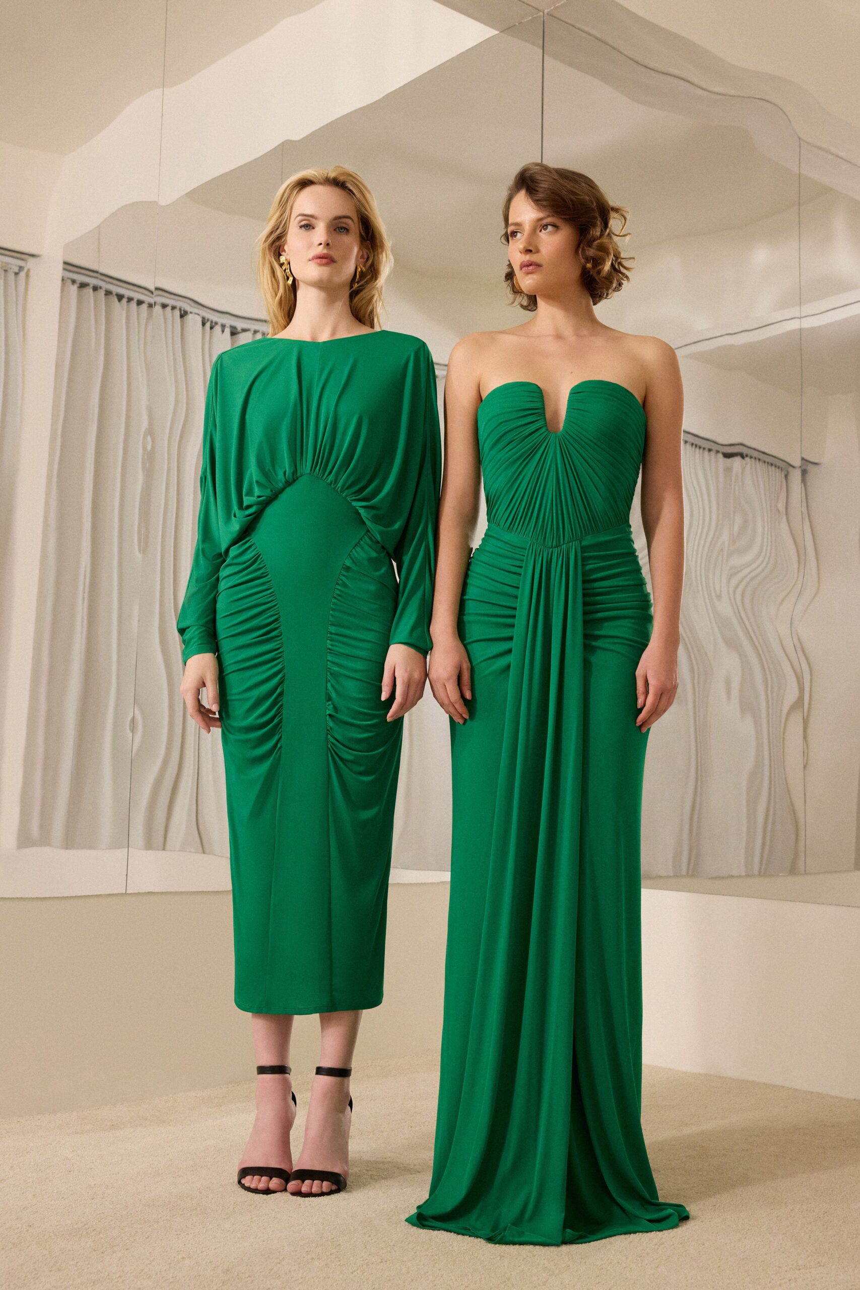 green jersey strapless v-neck fitted ruched maxi gown
