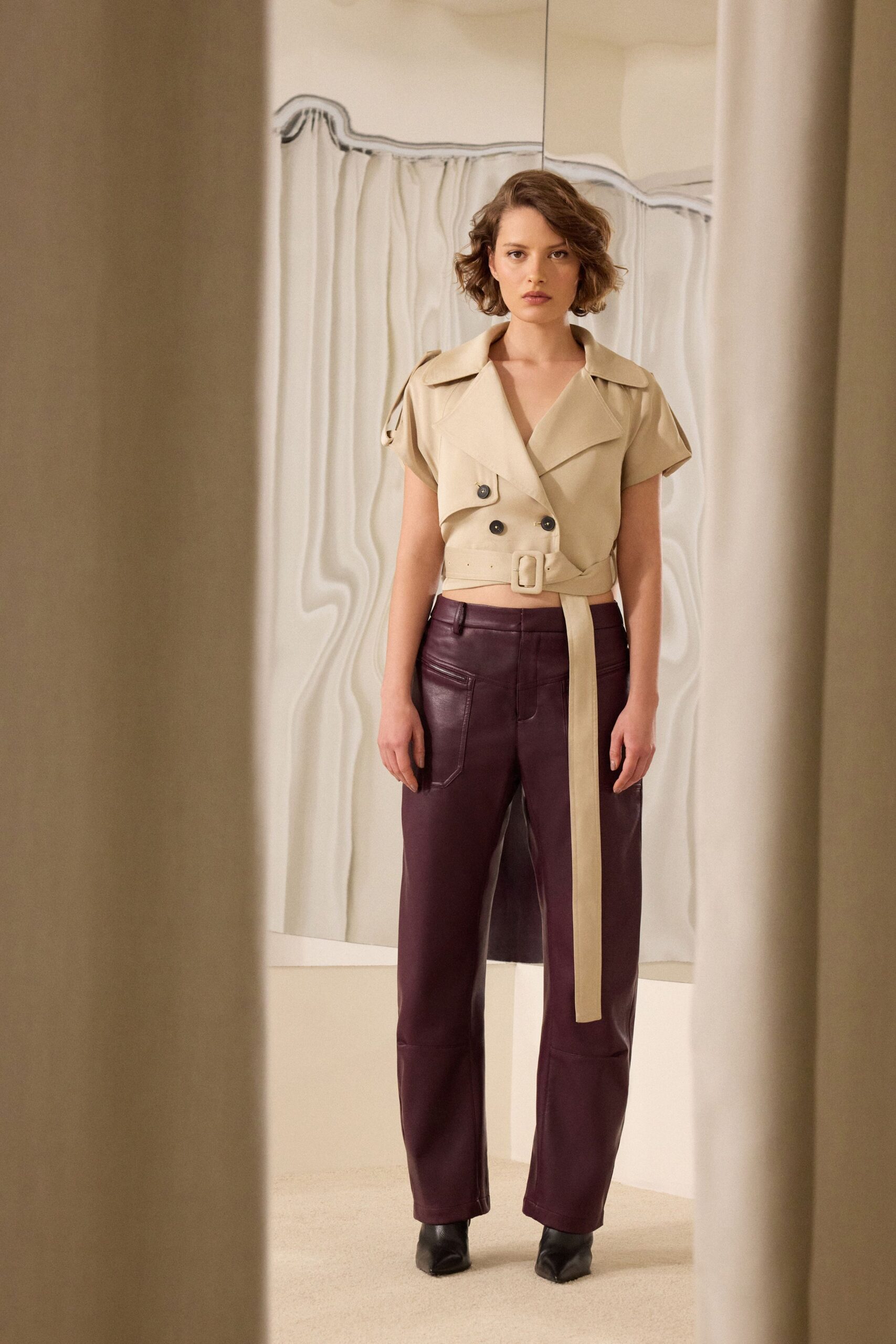 beige leather short-sleeve collared fitted belted cropped jacket