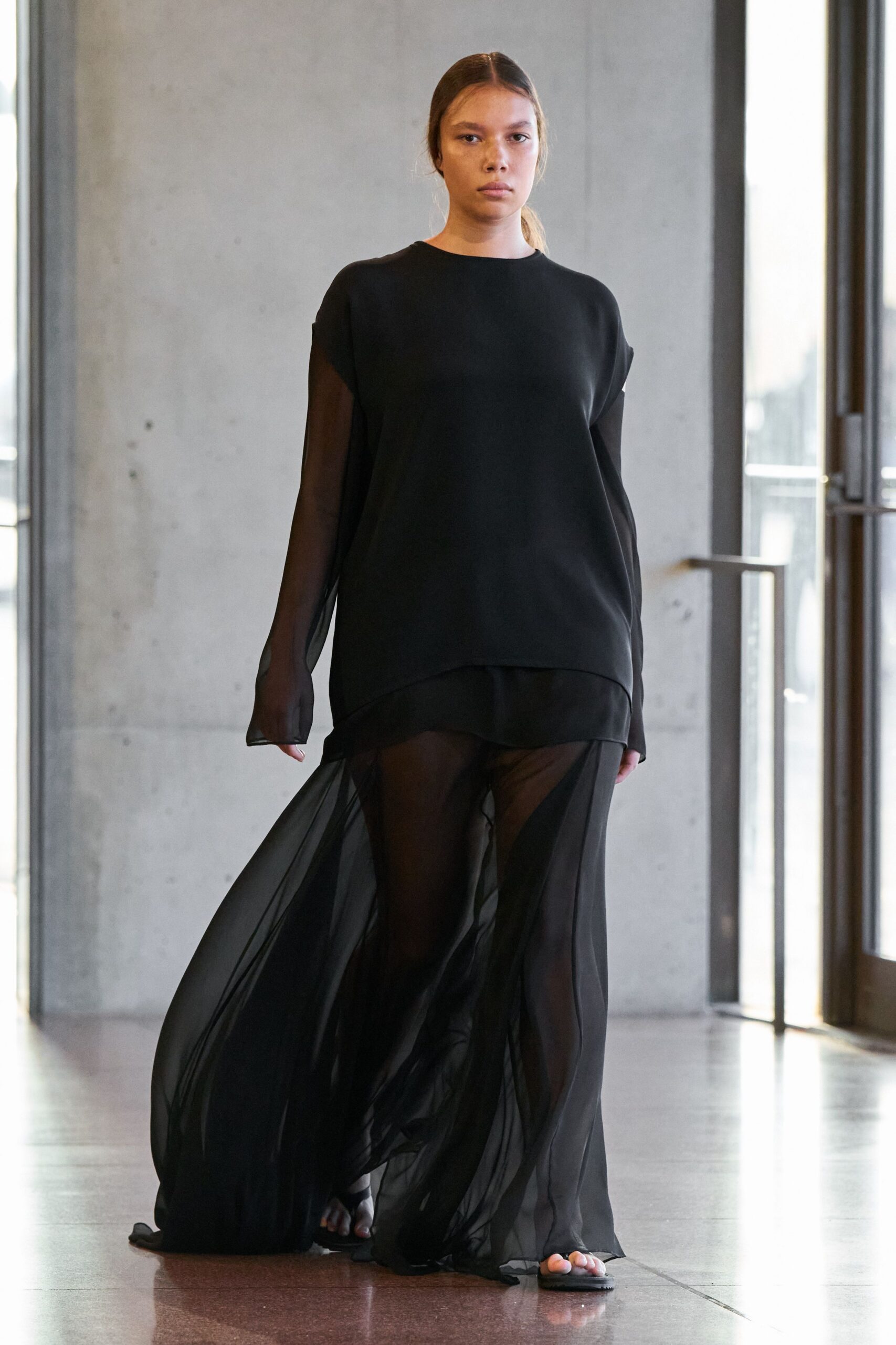 black chiffon asymmetric fitted layered sheer flowing skirt