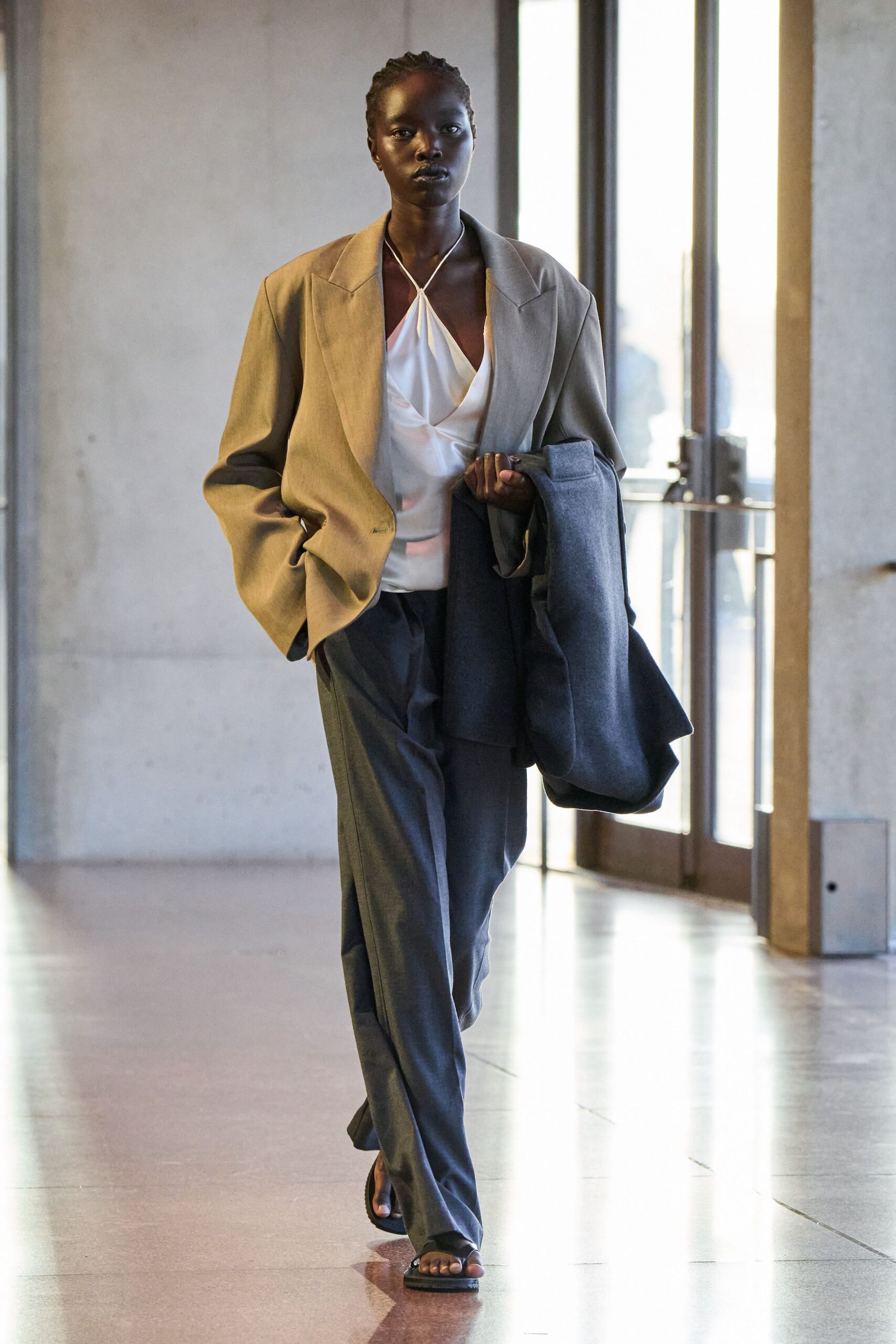 beige wool long-sleeve collared oversized blazer