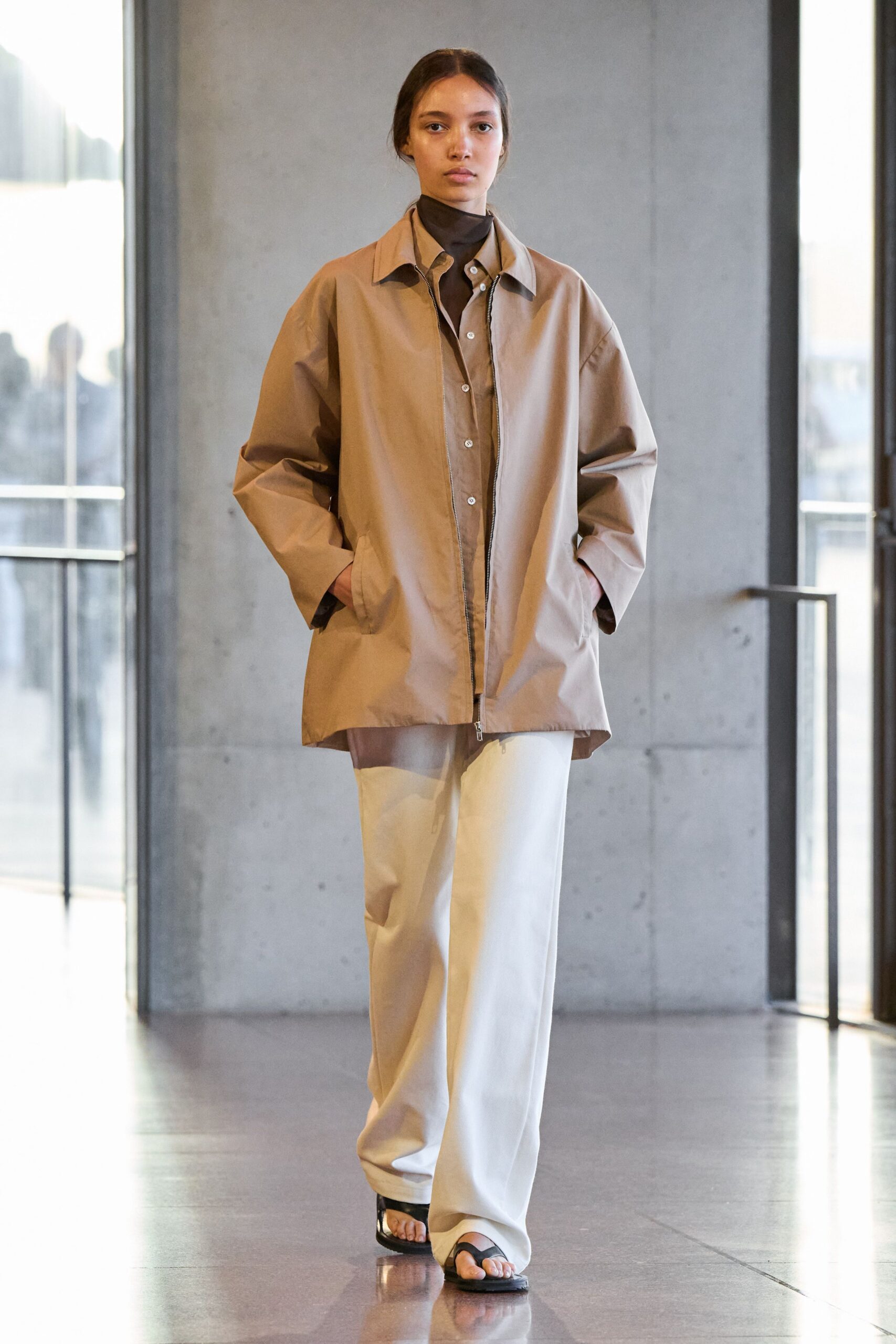 beige oversized jacket with relaxed shirt