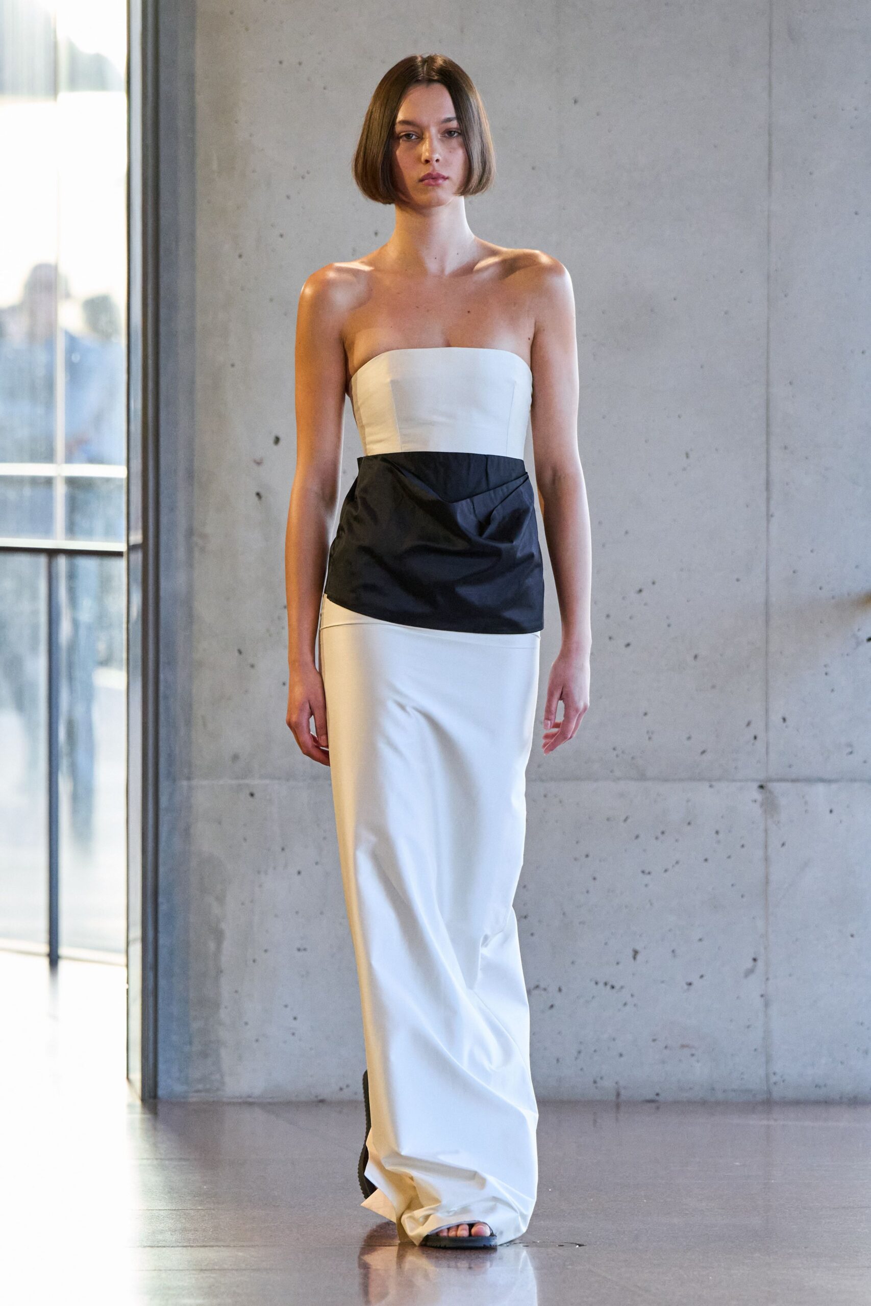 white silk strapless fitted color-blocked maxi gown