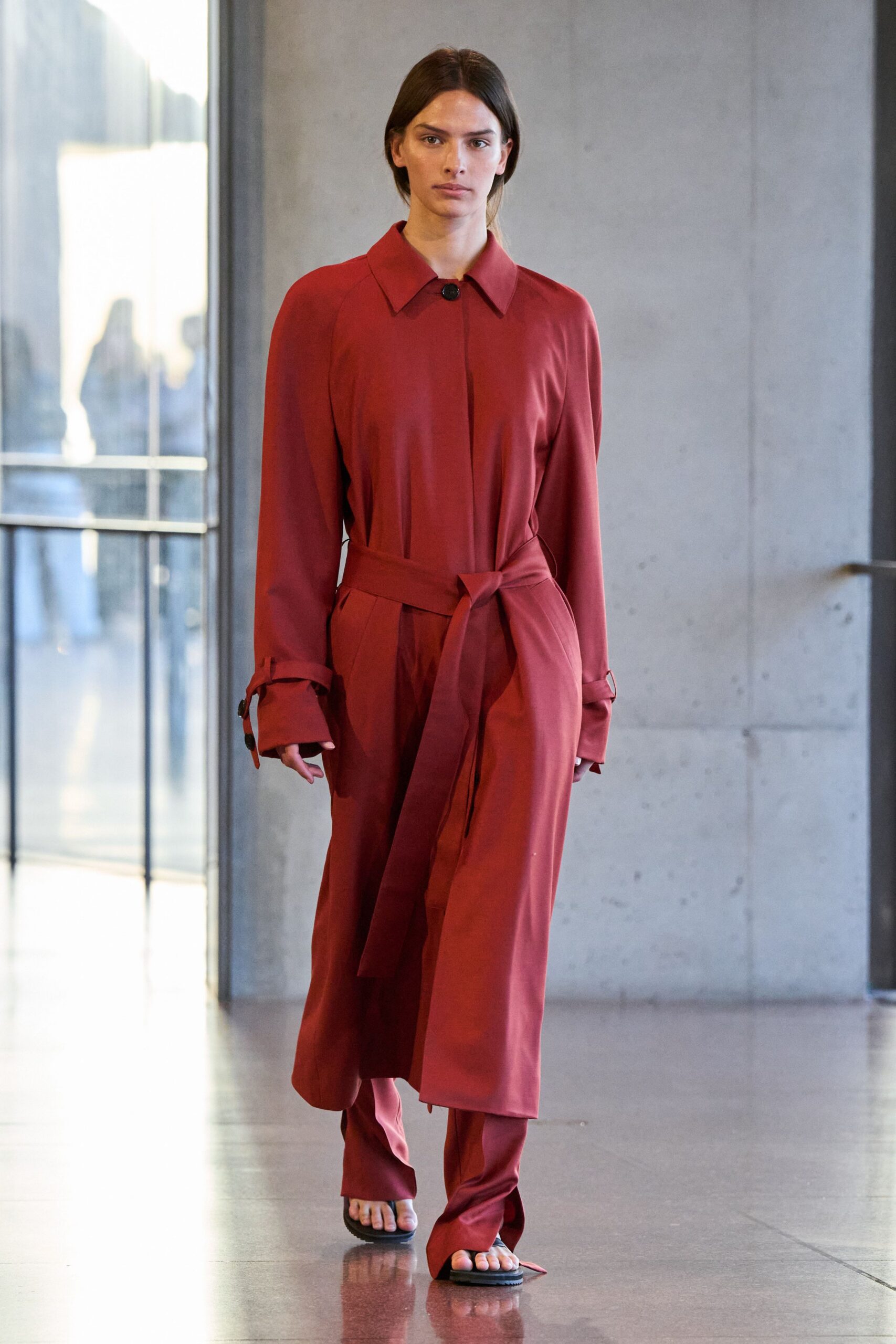 red silk long-sleeve collared fitted belted layered dress