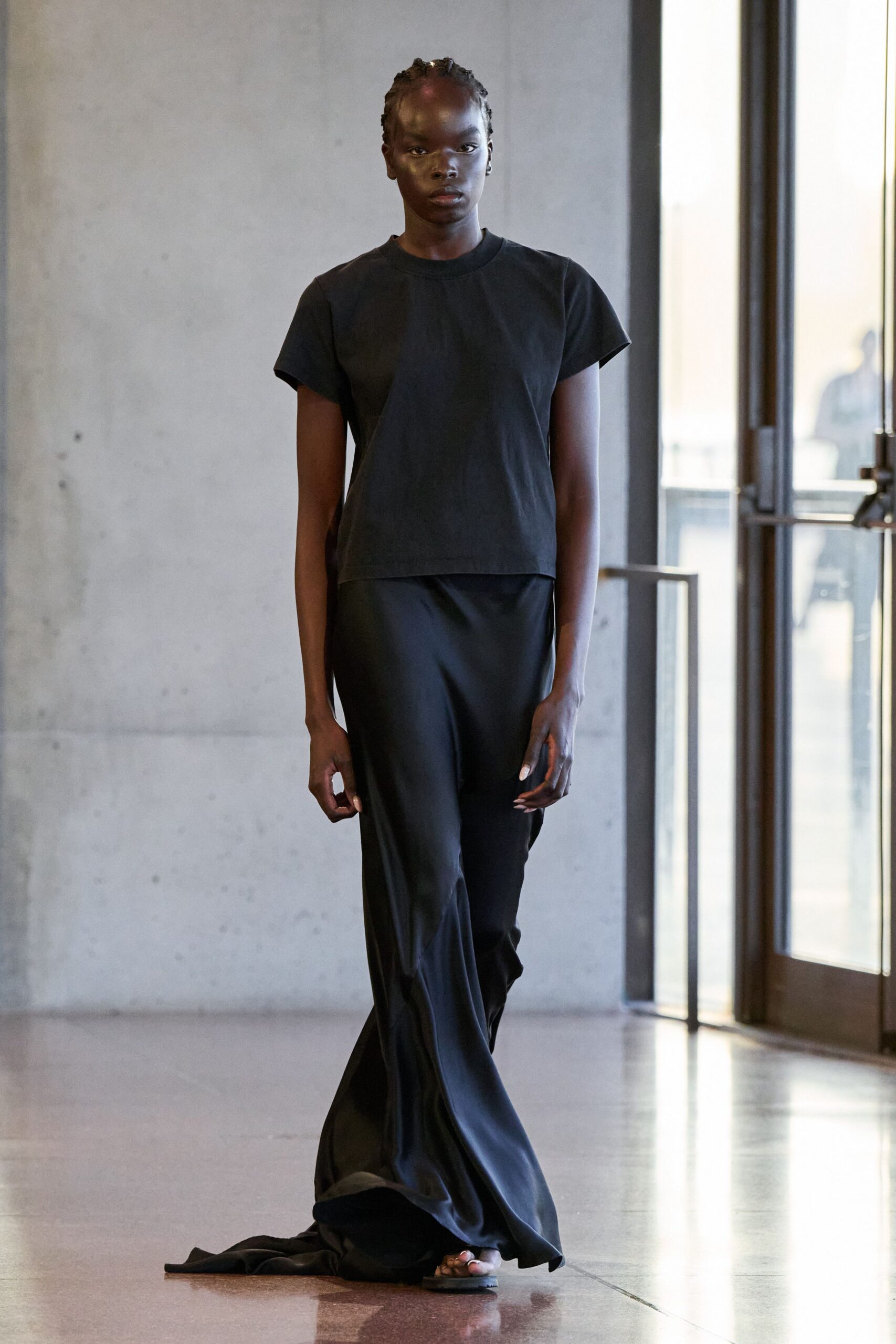 black silk long-sleeve v-neck fitted flared flowing dress