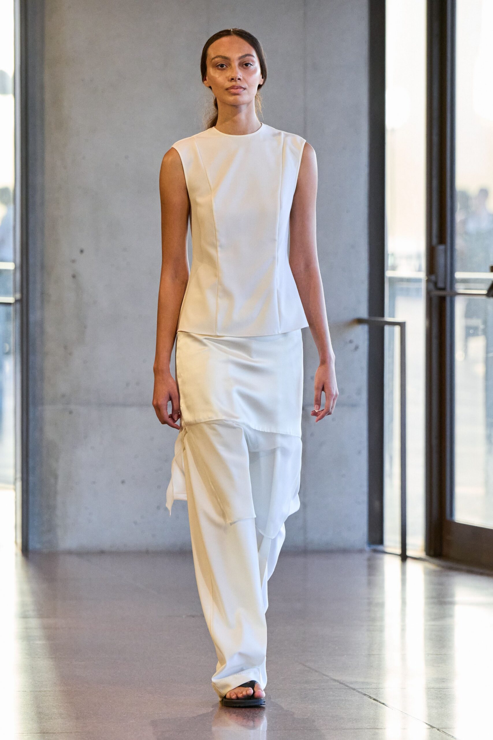 white silk asymmetric fitted draped skirt