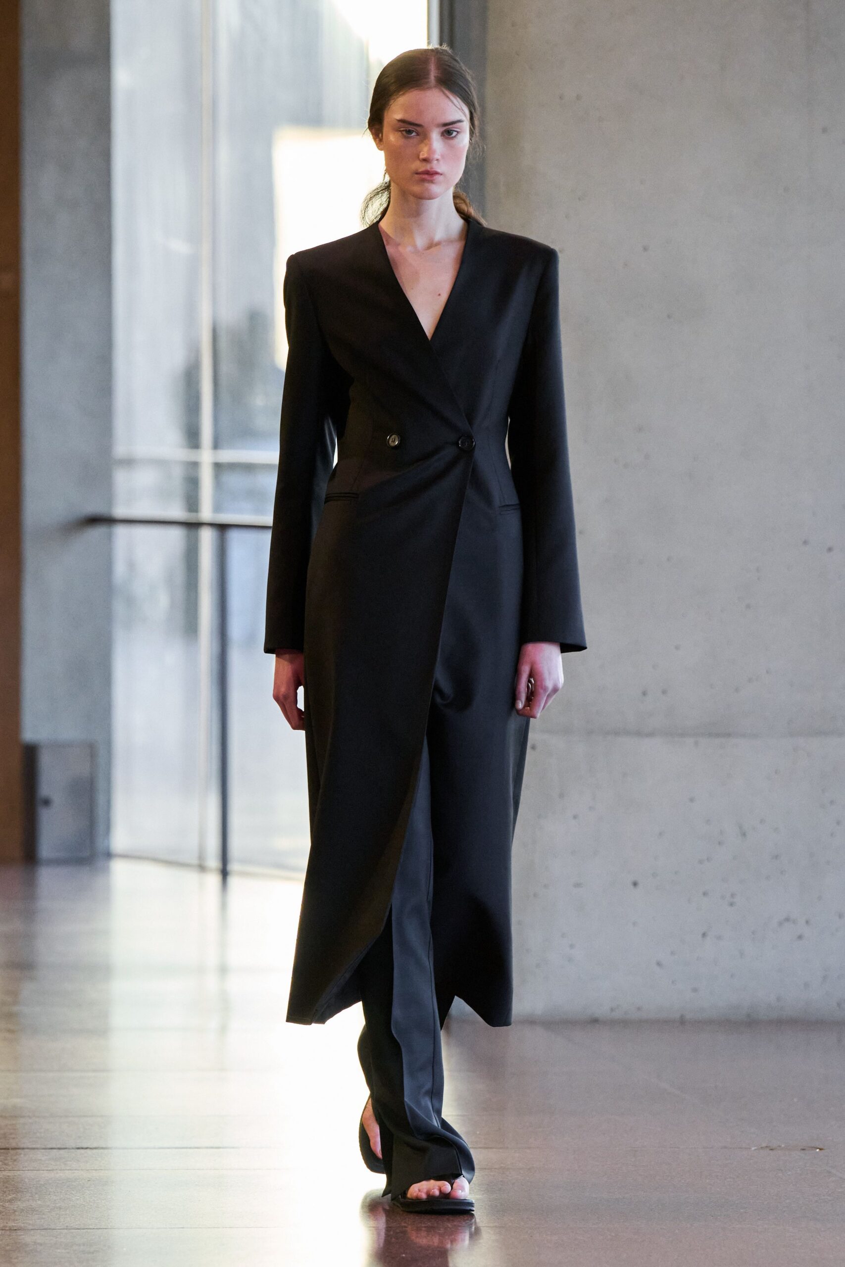 black silk long-sleeve v-neck fitted zippered jumpsuit