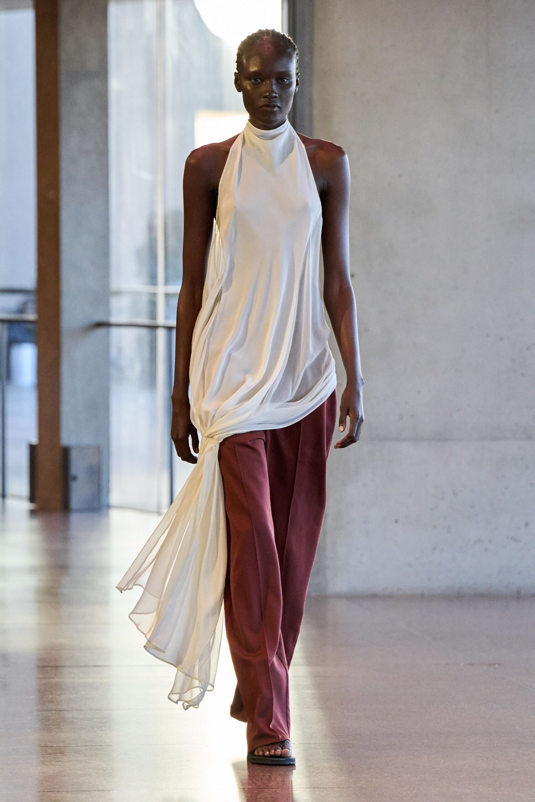 red chiffon fitted straight-leg pants