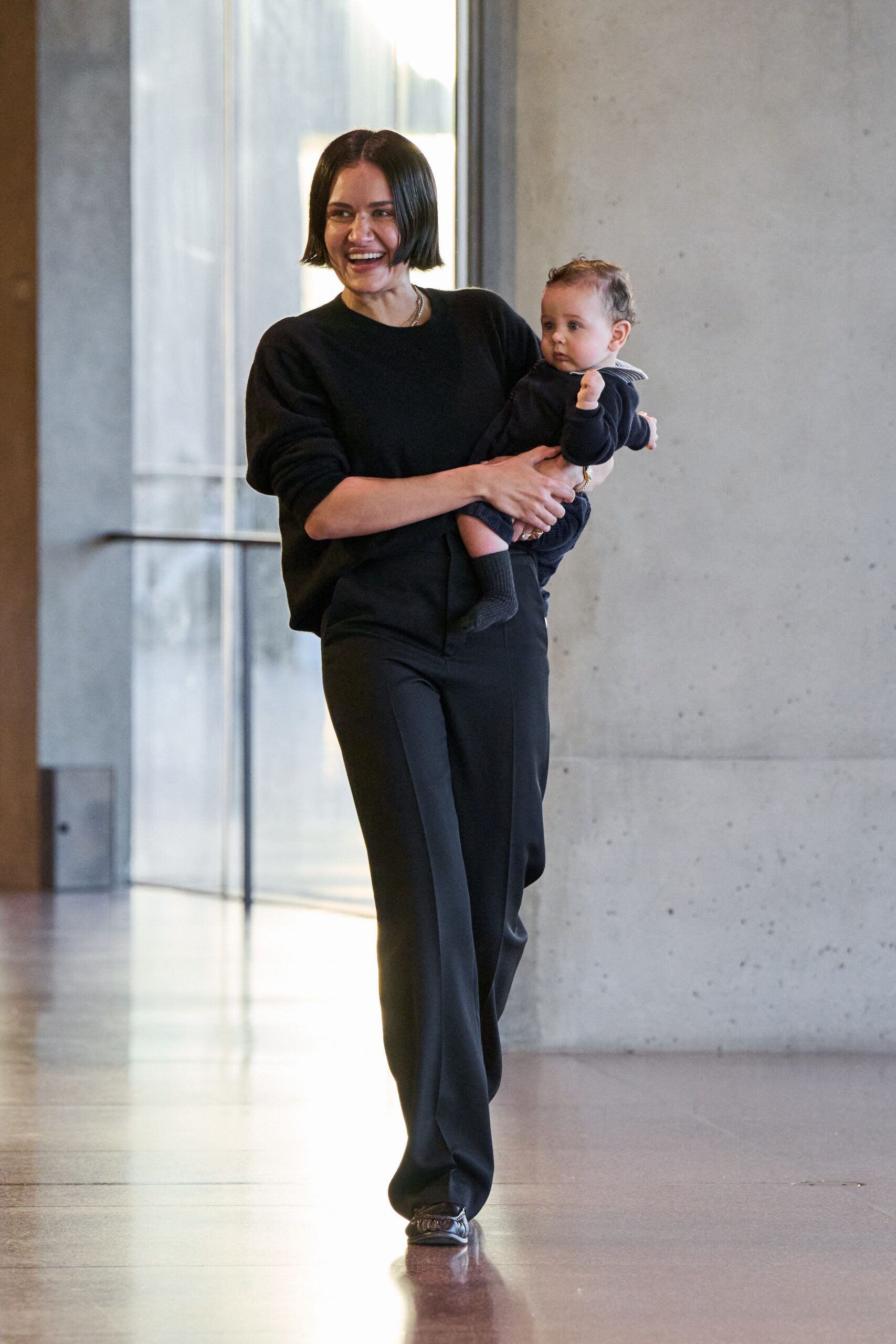 black cotton fitted high-waisted straight-leg pants
