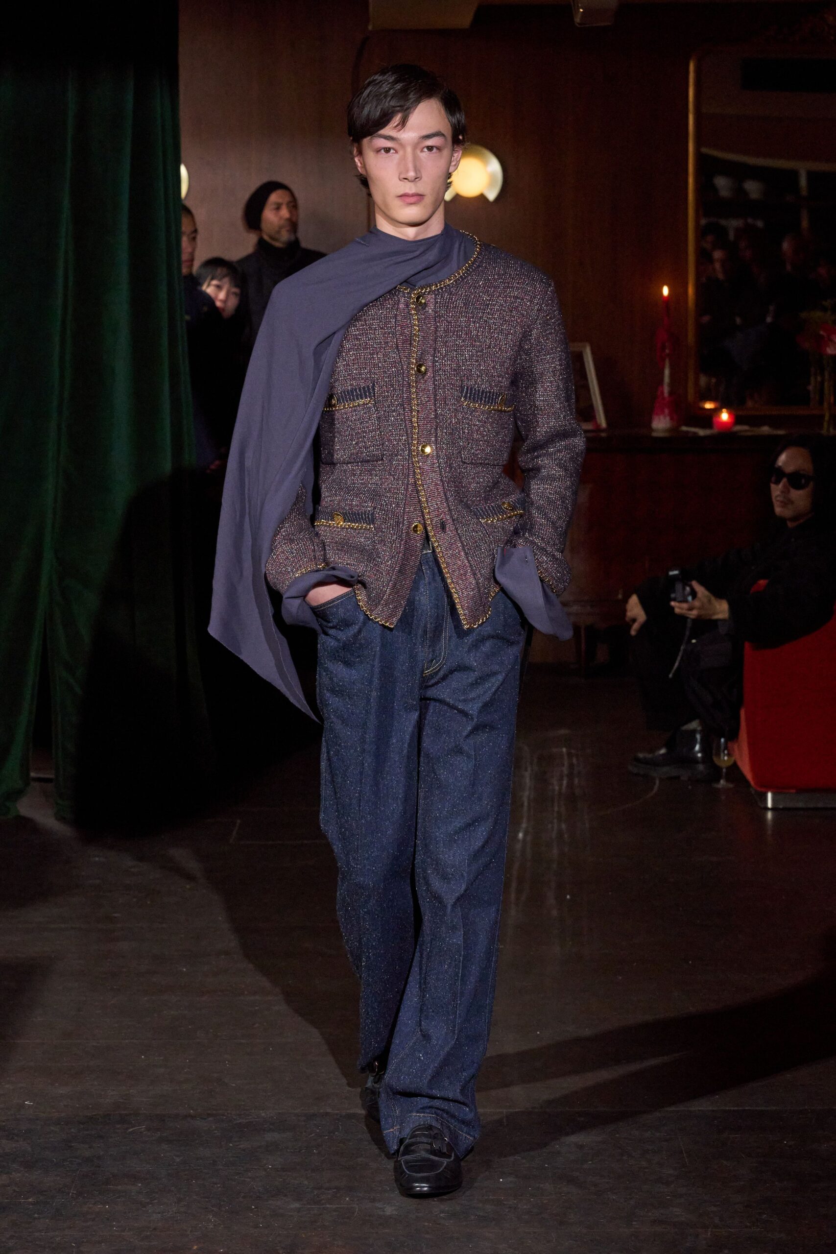 purple tweed long-sleeve collared structured buttoned jacket