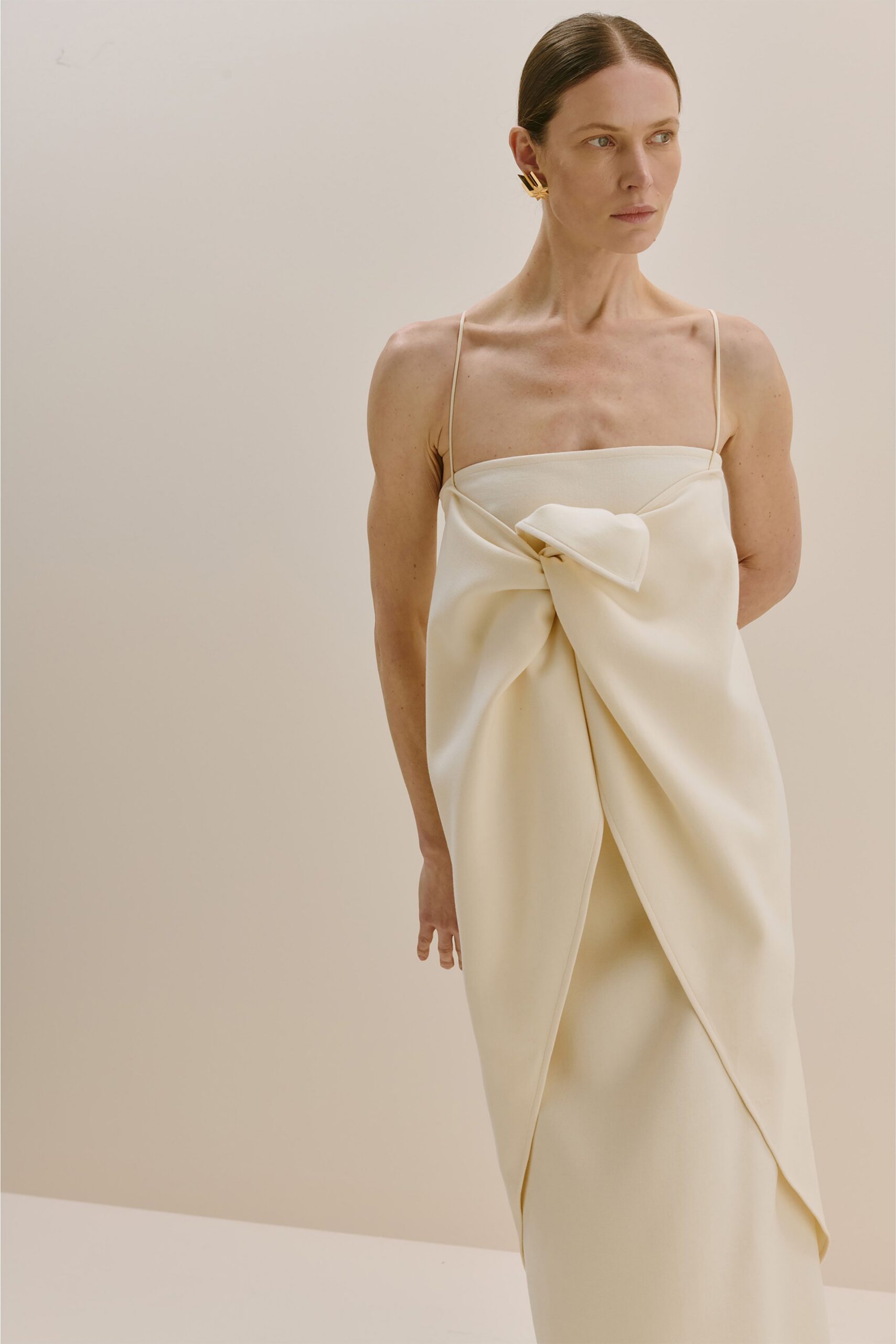beige silk sleeveless dress
