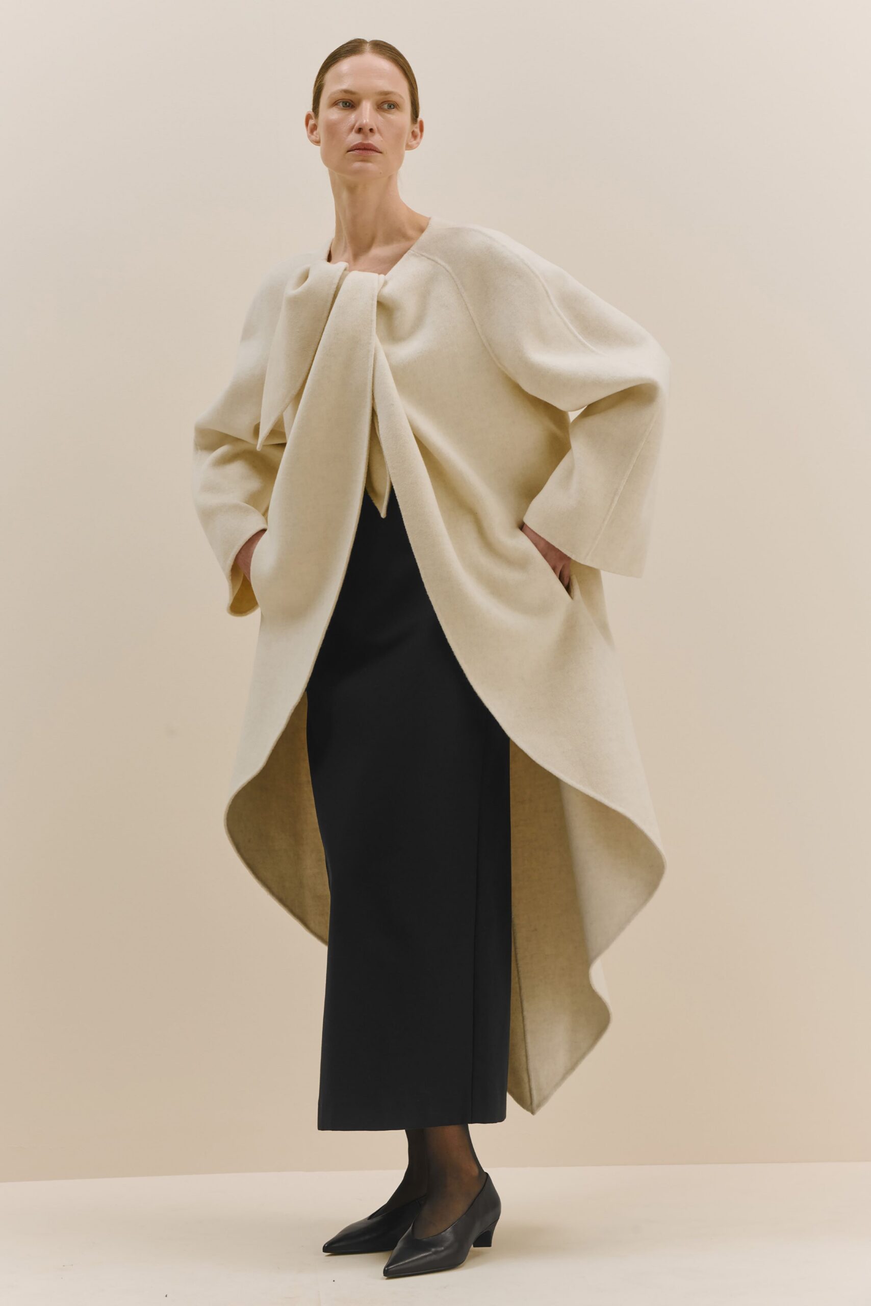beige wool long-sleeve collared relaxed draped maxi coat