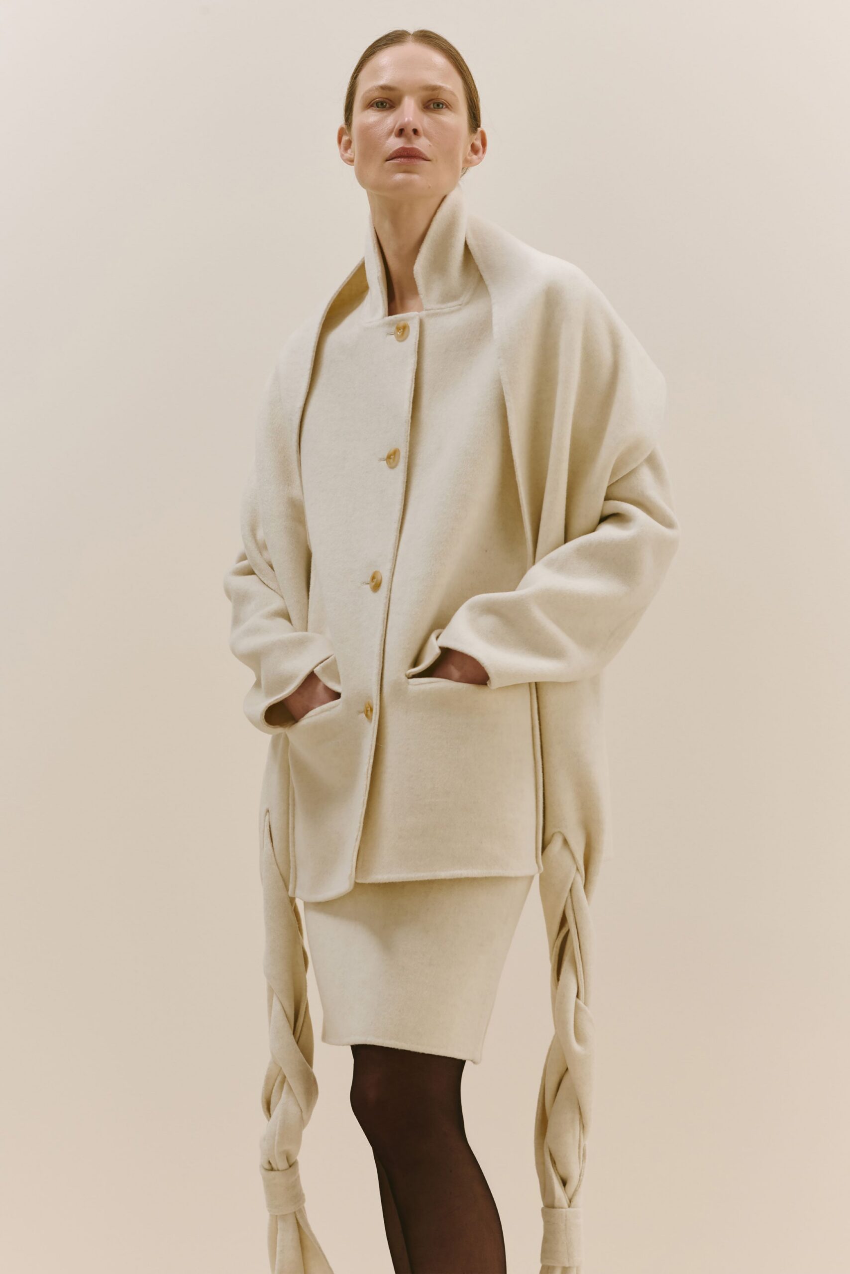 beige wool fitted straight-leg skirt