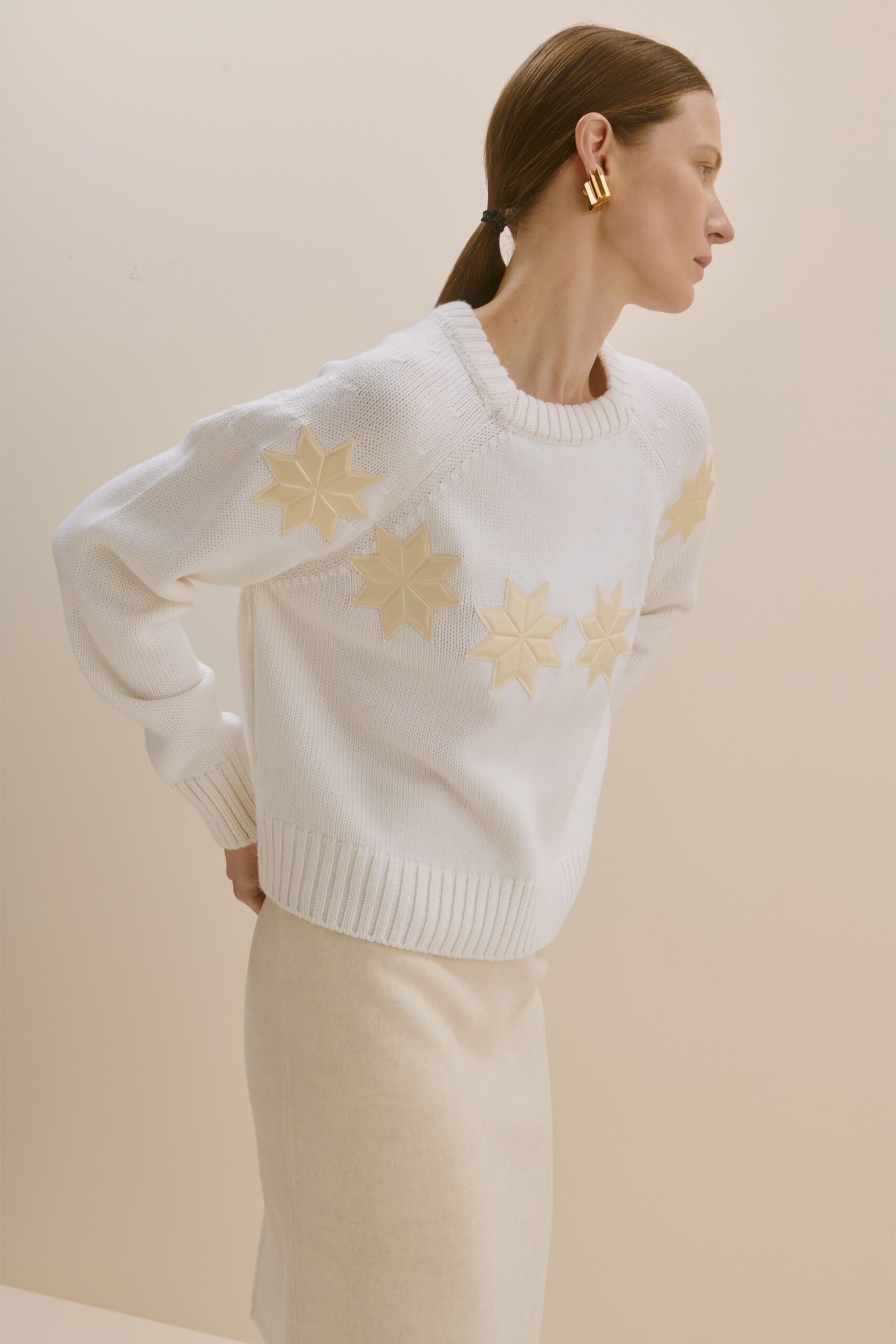 white cotton long-sleeve collared relaxed embroidered sweater