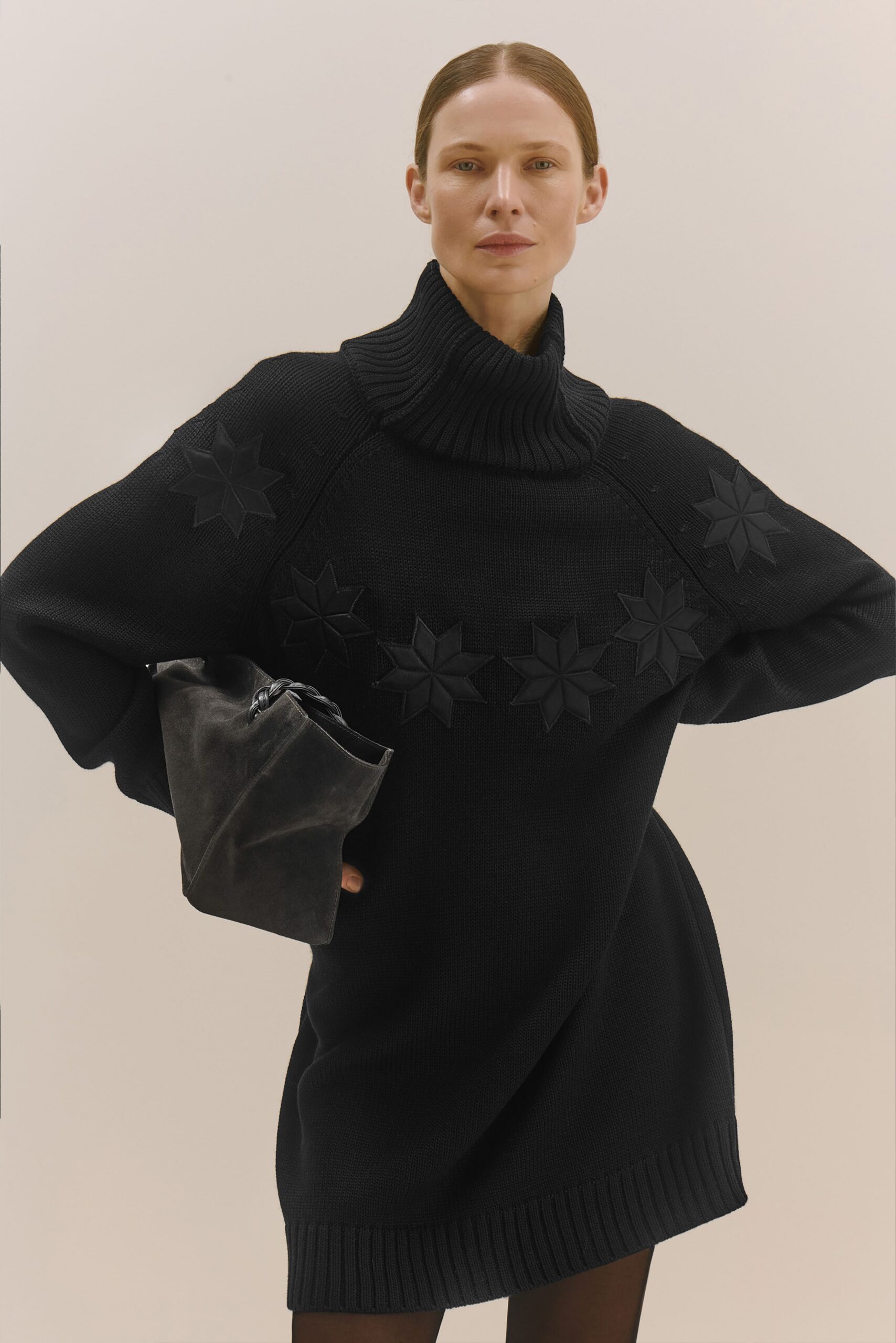 black wool long-sleeve turtleneck oversized embellished short dress
