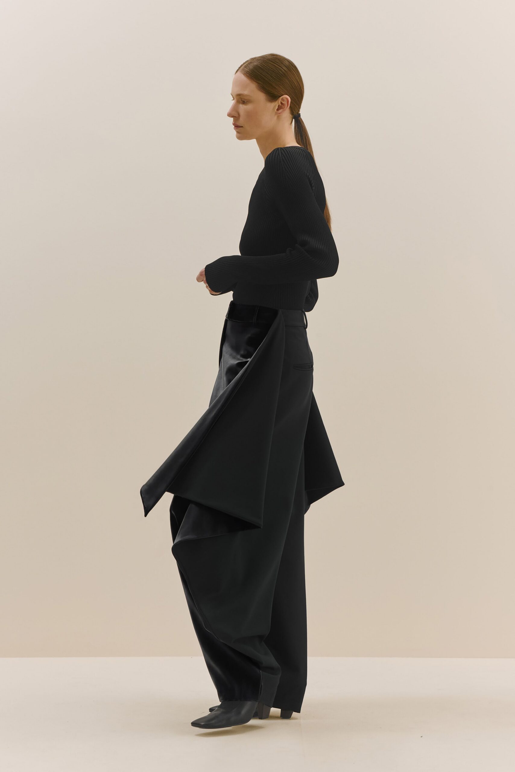 black silk relaxed high-waisted layered pants