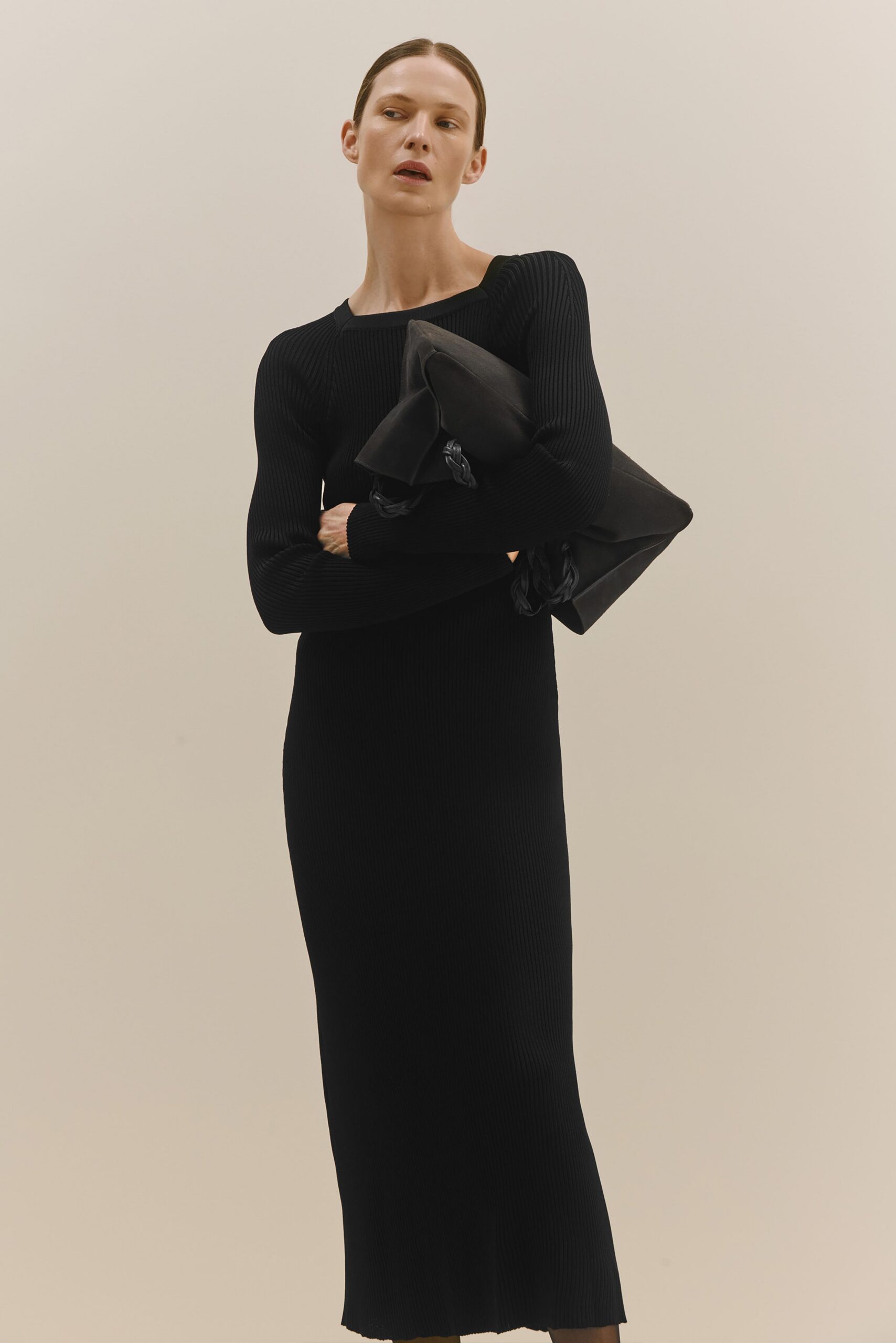 fitted black knit midi dress
