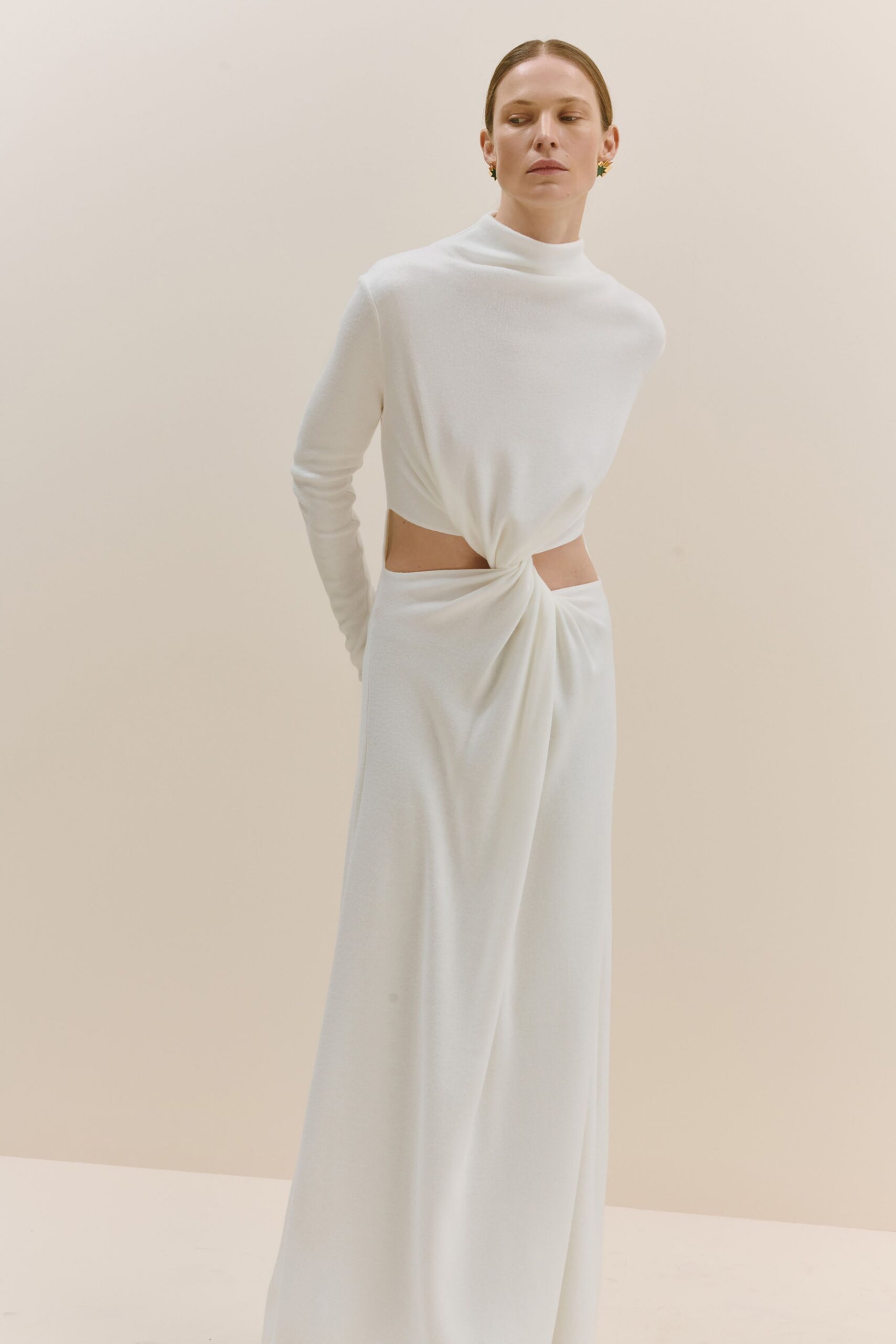white fitted long-sleeve gown