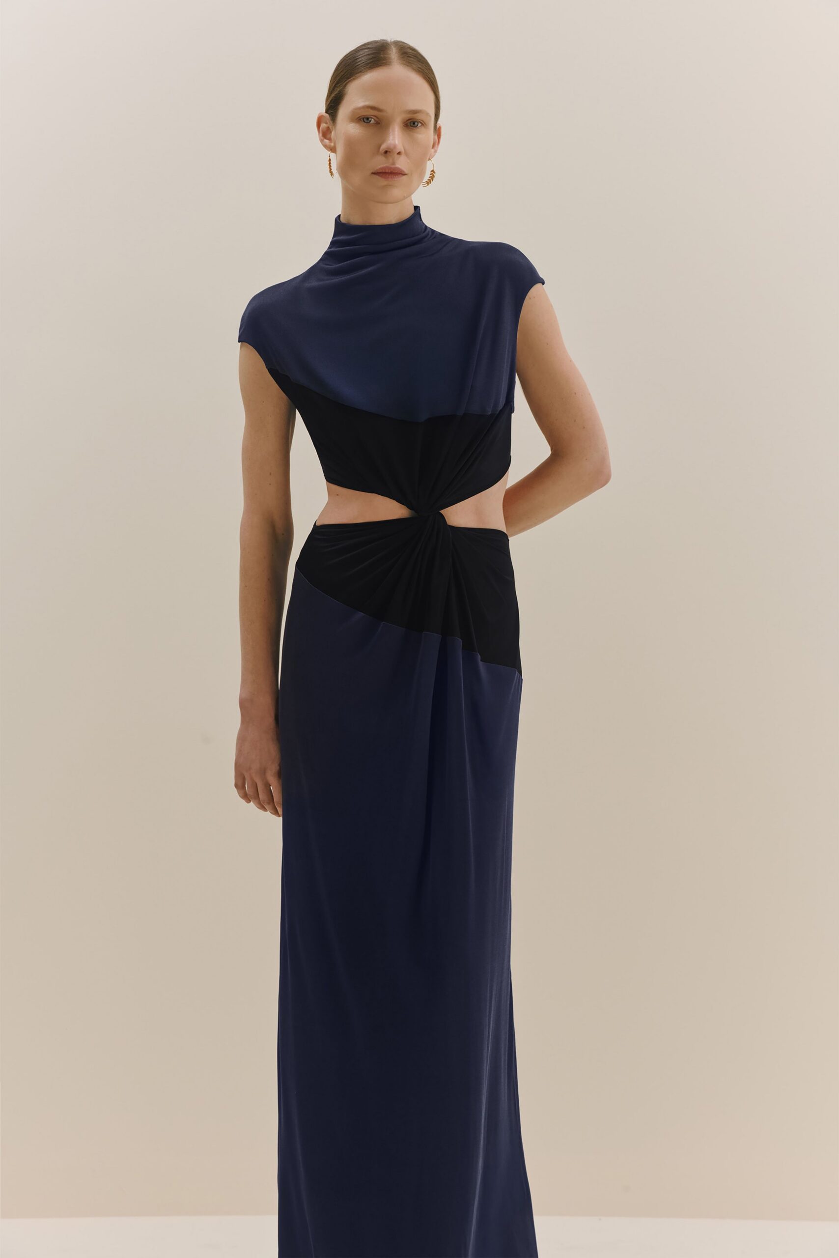 blue and black fitted gown