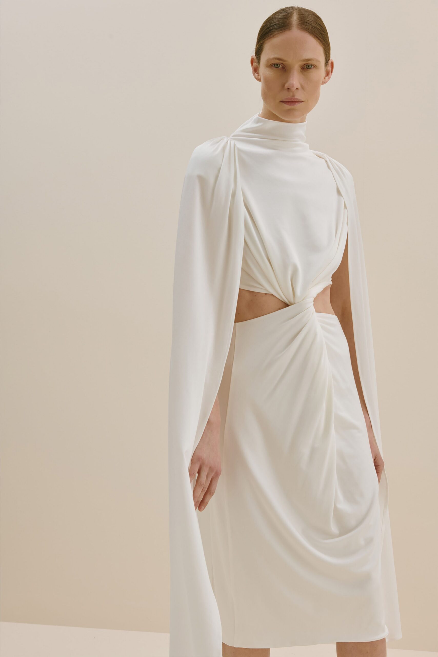 white draped midi dress