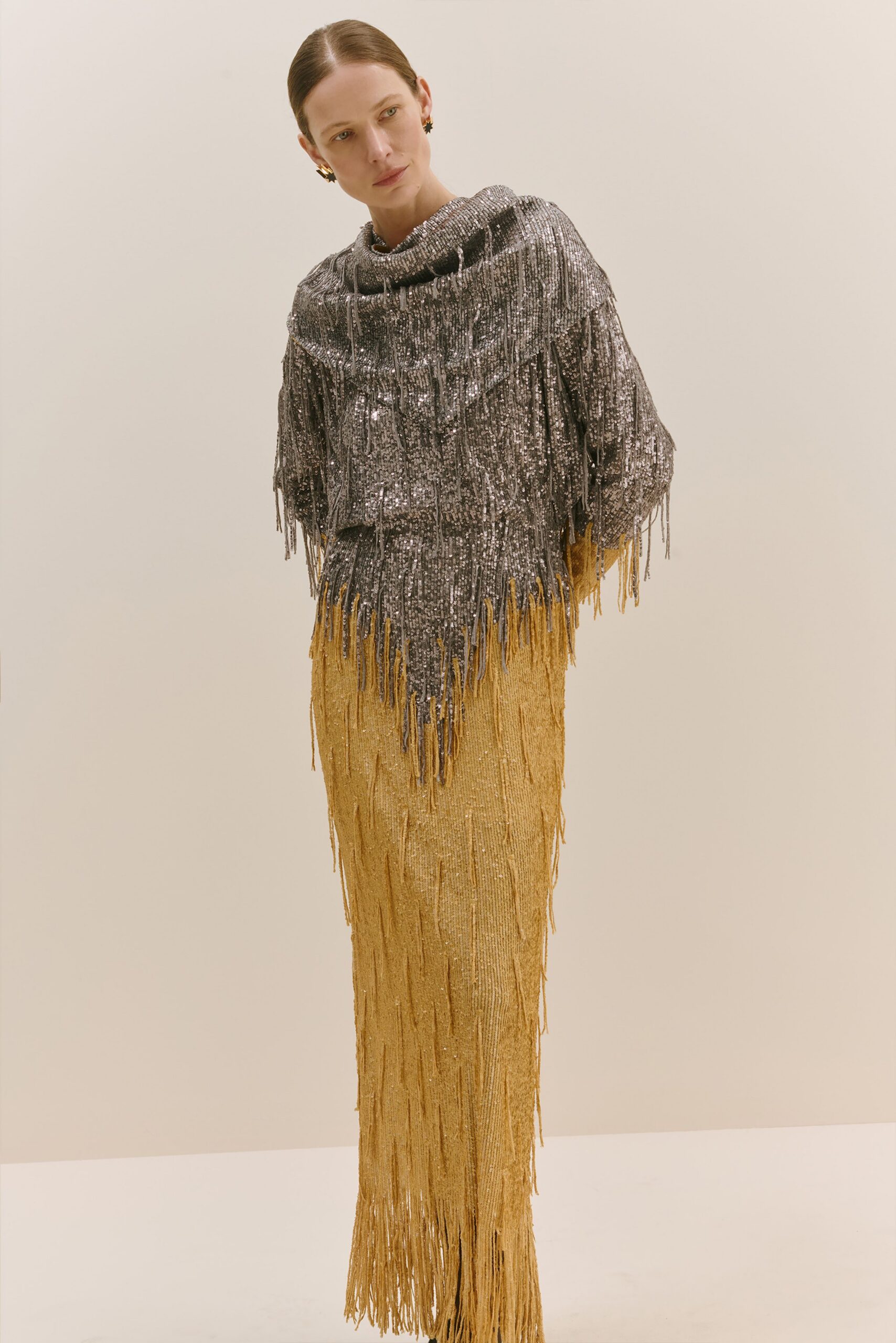 silver and gold fringed gown