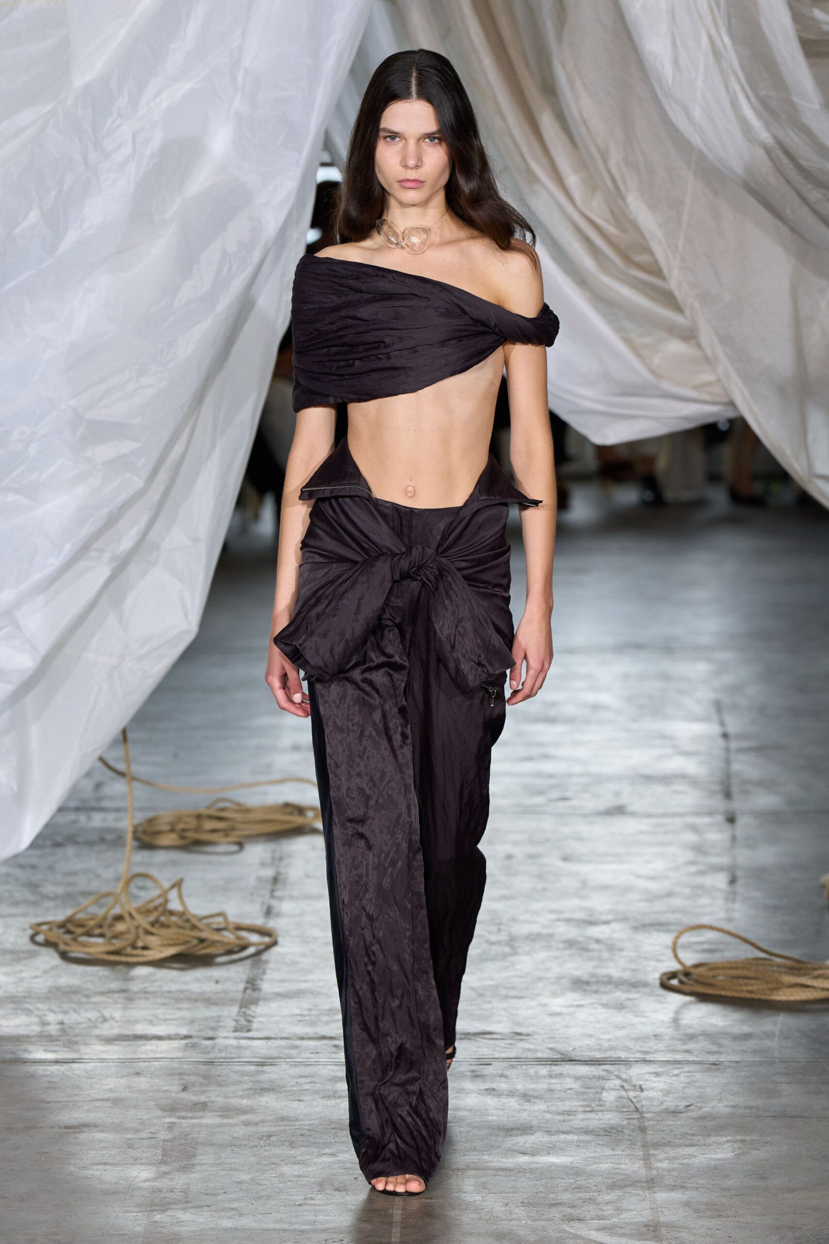 black silk fitted draped pants