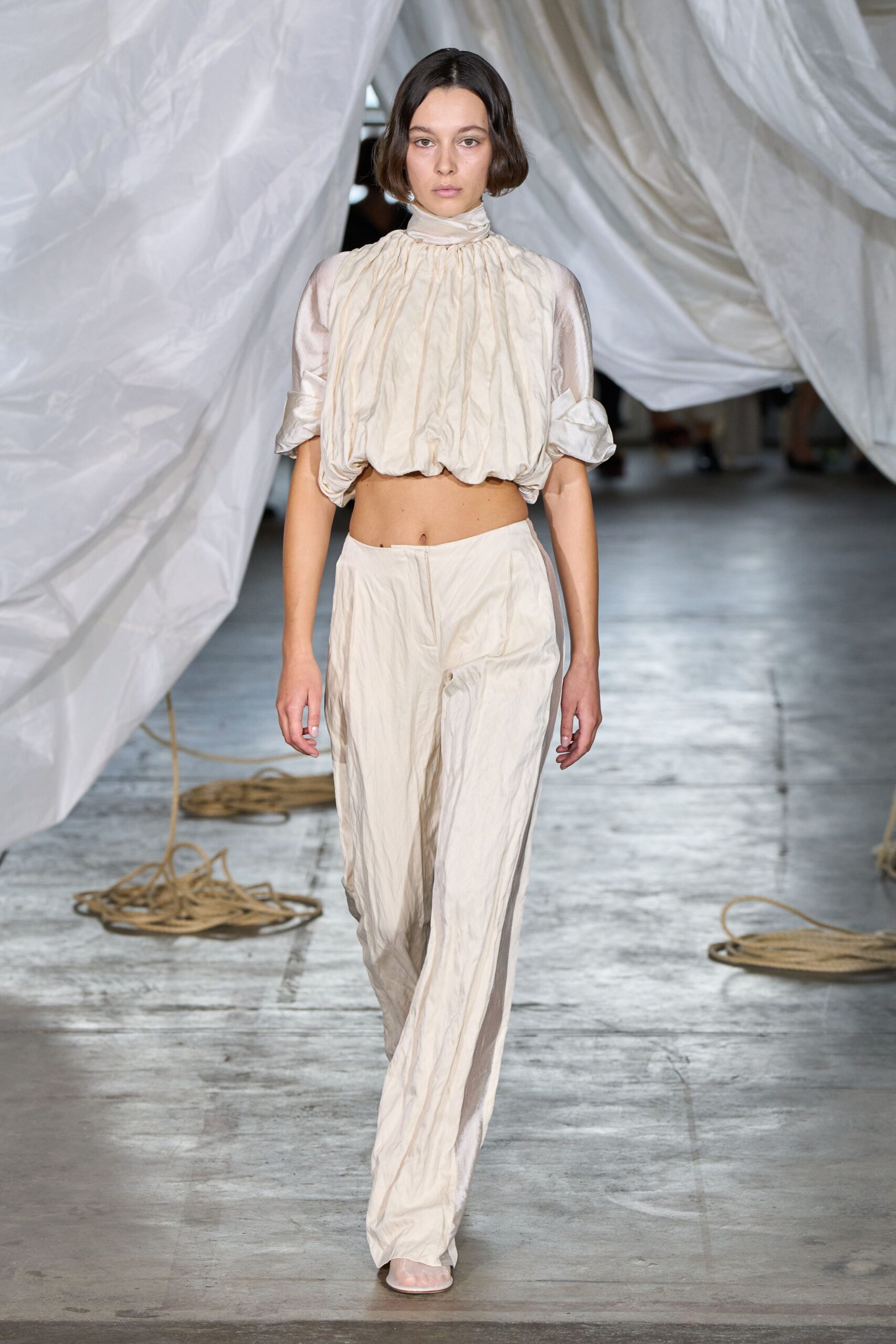 beige silk short-sleeve high-neck relaxed pleated cropped top
