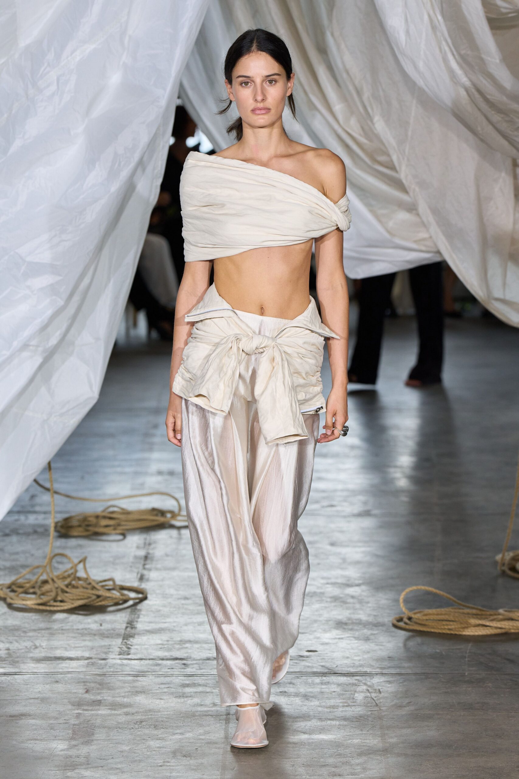 beige silk relaxed high-waisted pleated flowing pants