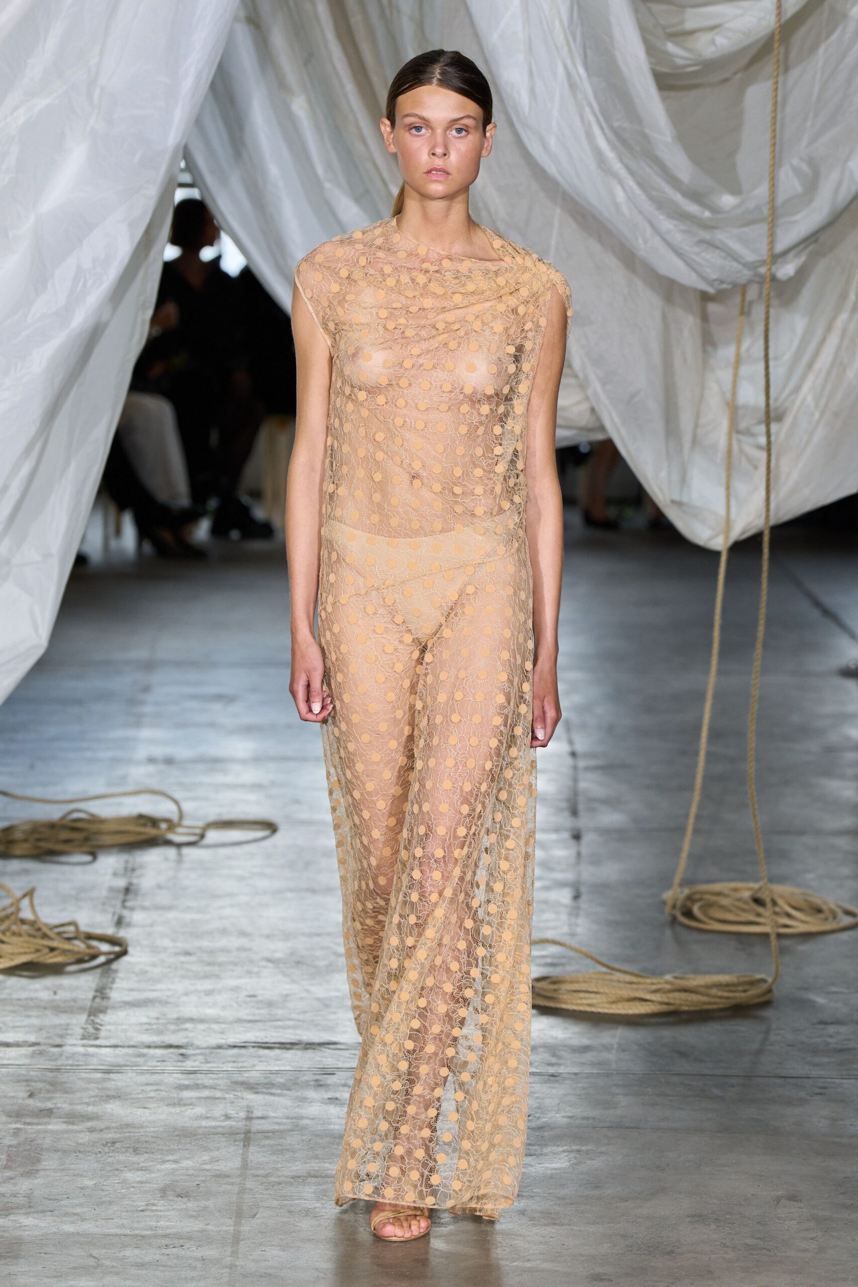 beige mesh sleeveless fitted sheer textured maxi gown