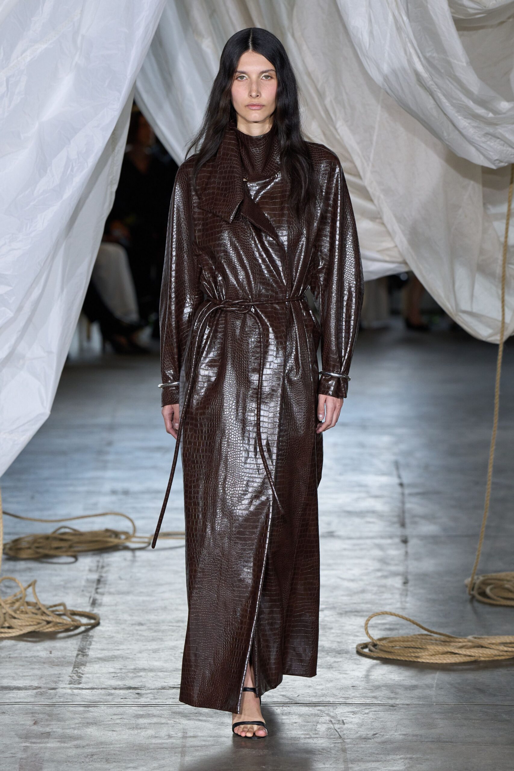 brown leather long-sleeve collared fitted belted zippered dress