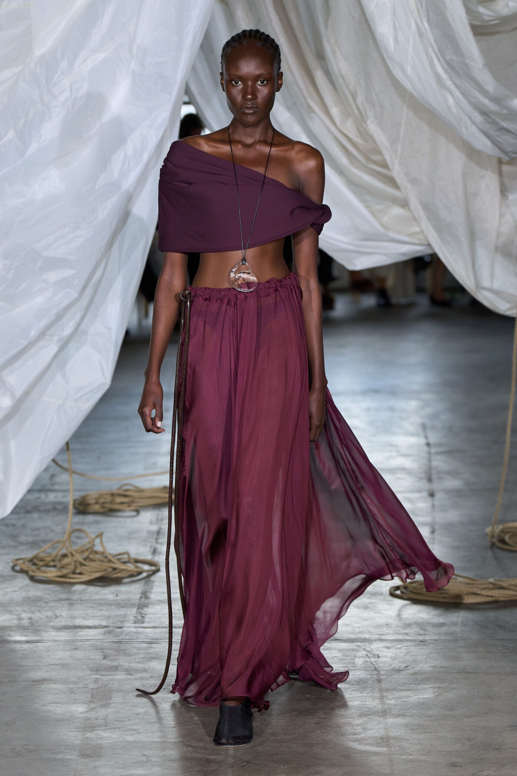 purple silk sleeveless off-shoulder fitted flowing top