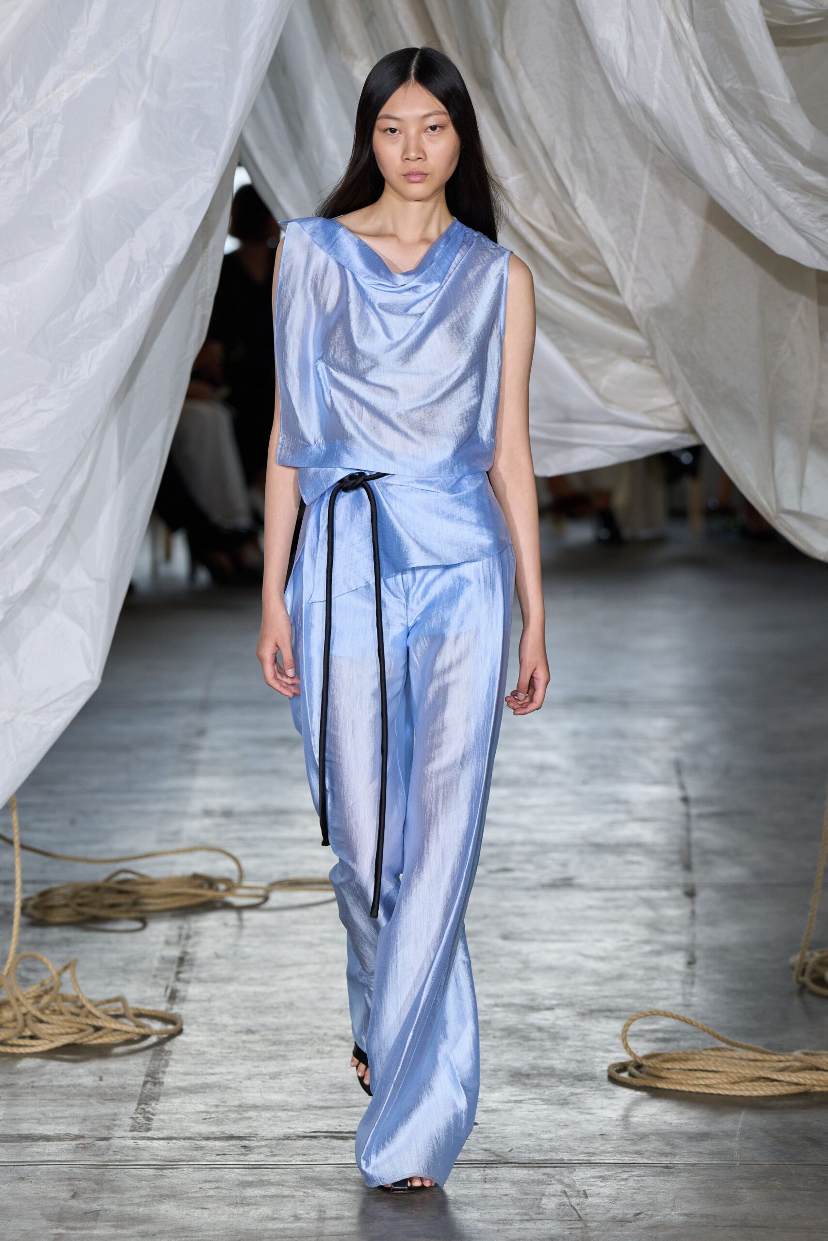 blue silk long-sleeve v-neck relaxed draped shiny pants