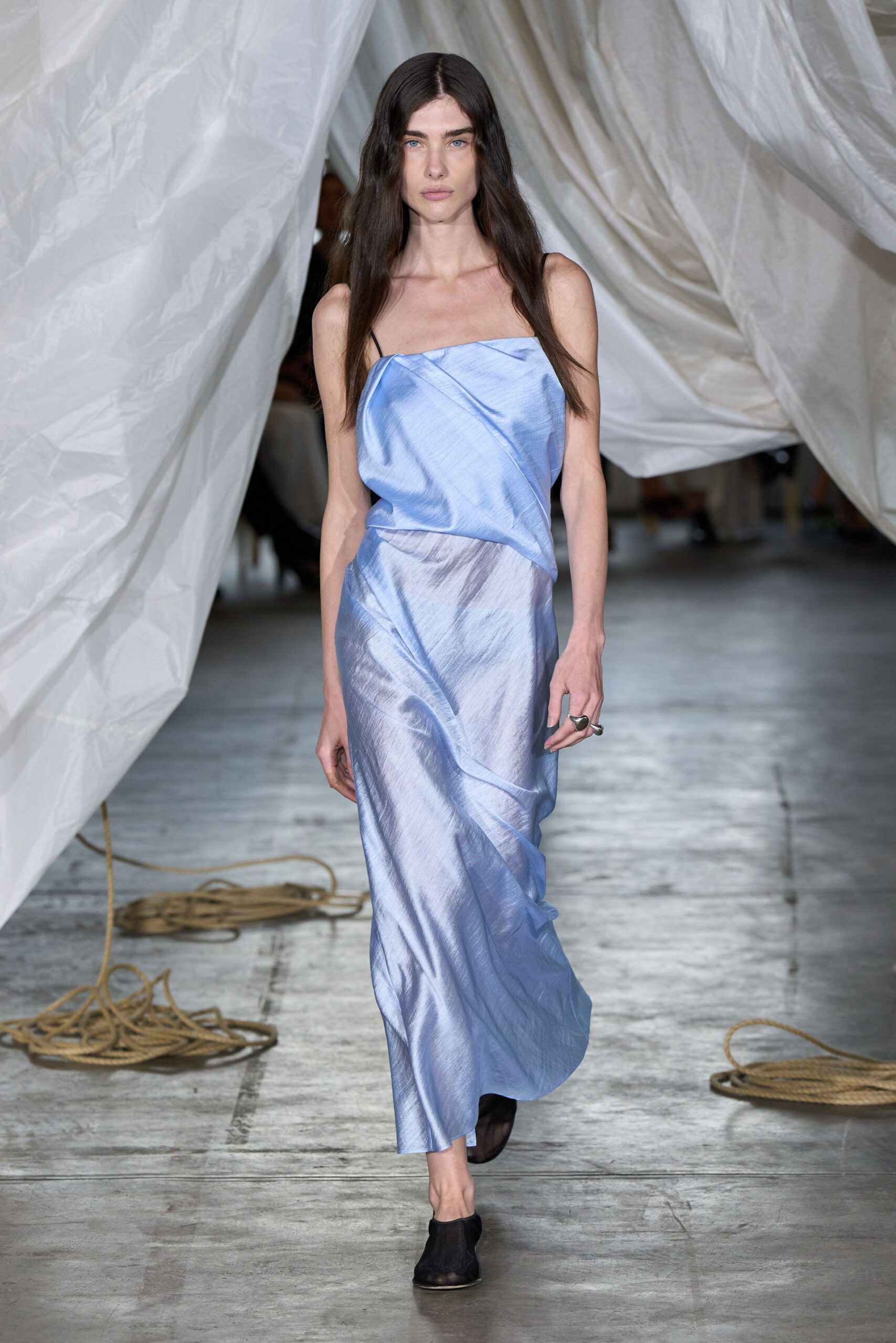 blue silk sleeveless v-neck fitted draped flowing dress