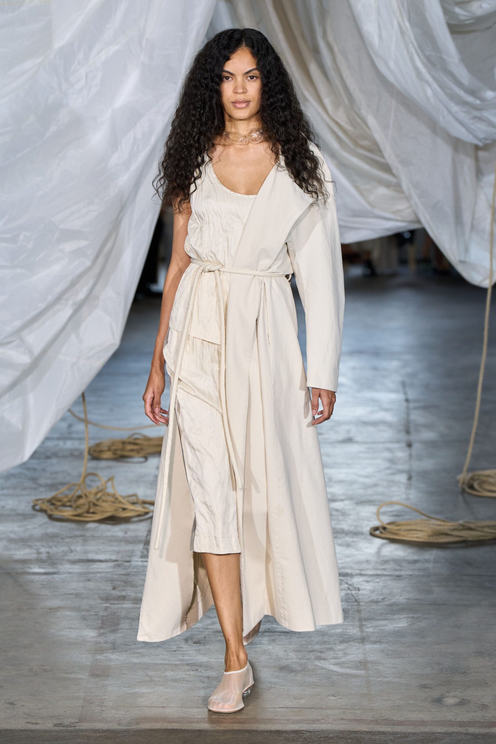 beige cotton sleeveless v-neck fitted draped belted dress