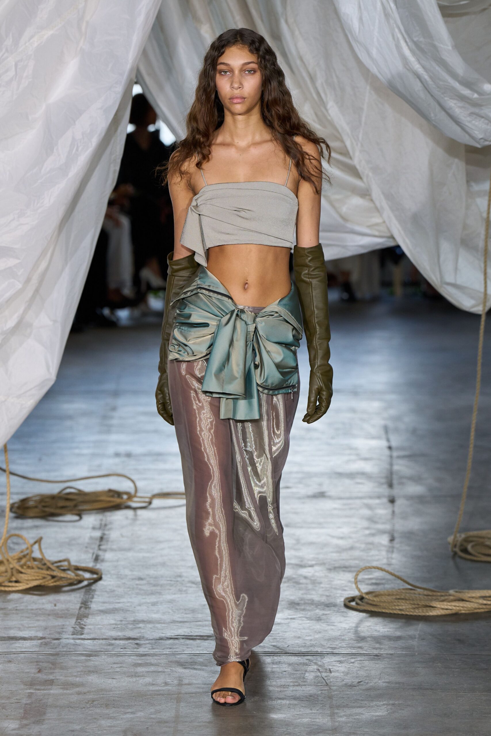 multi silk fitted high-waisted draped shiny maxi skirt